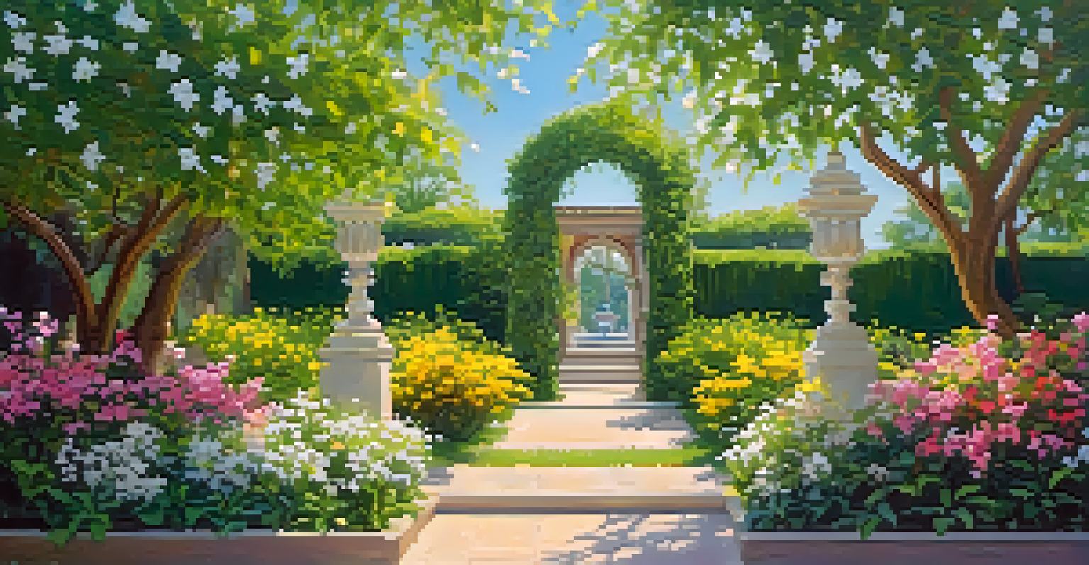 A colorful spring garden with blooming jasmine and lemon trees under a clear blue sky.