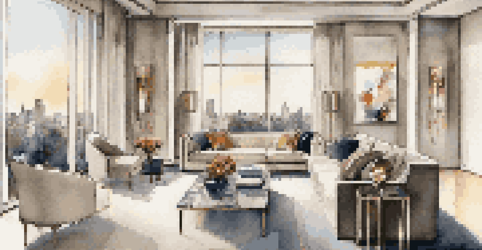 A sophisticated living room in a luxury urban apartment with contemporary art and stylish furniture, showcasing a city view through large windows.