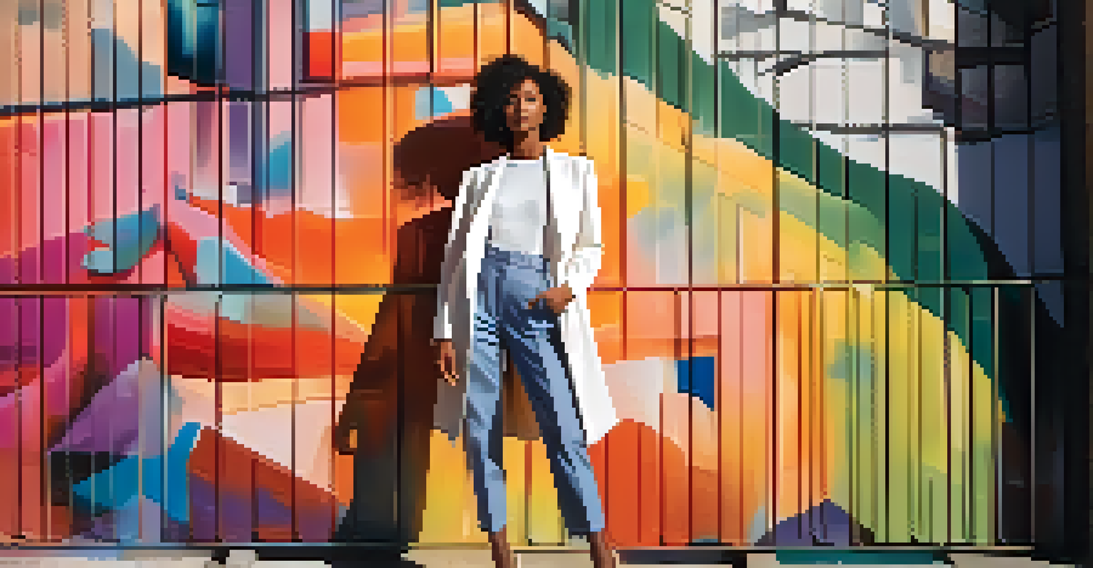 A model in a luxury outfit poses in front of a colorful urban mural, with soft sunlight enhancing the scene.