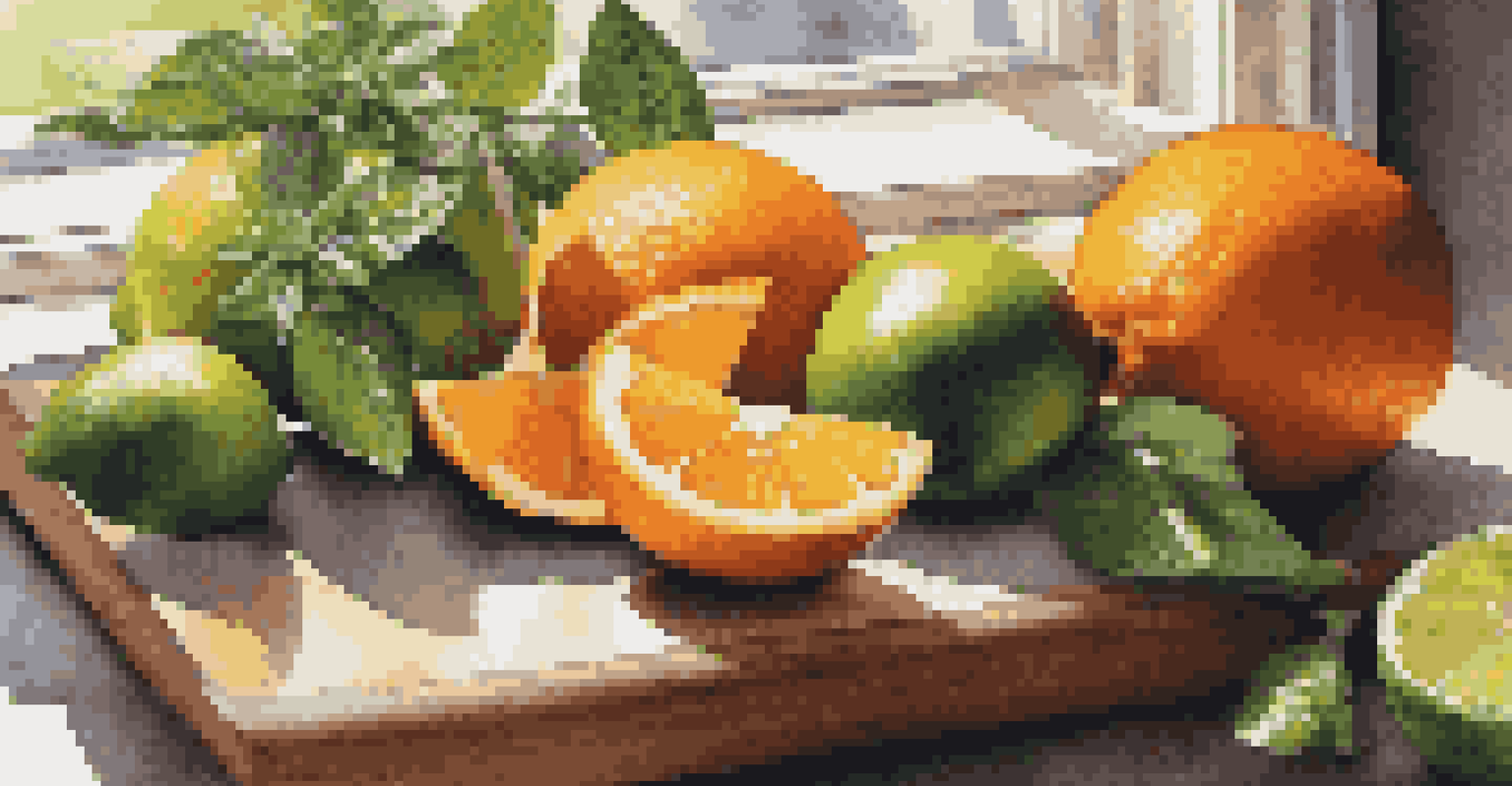 Fresh cocktail ingredients including oranges, limes, and basil on a wooden cutting board.