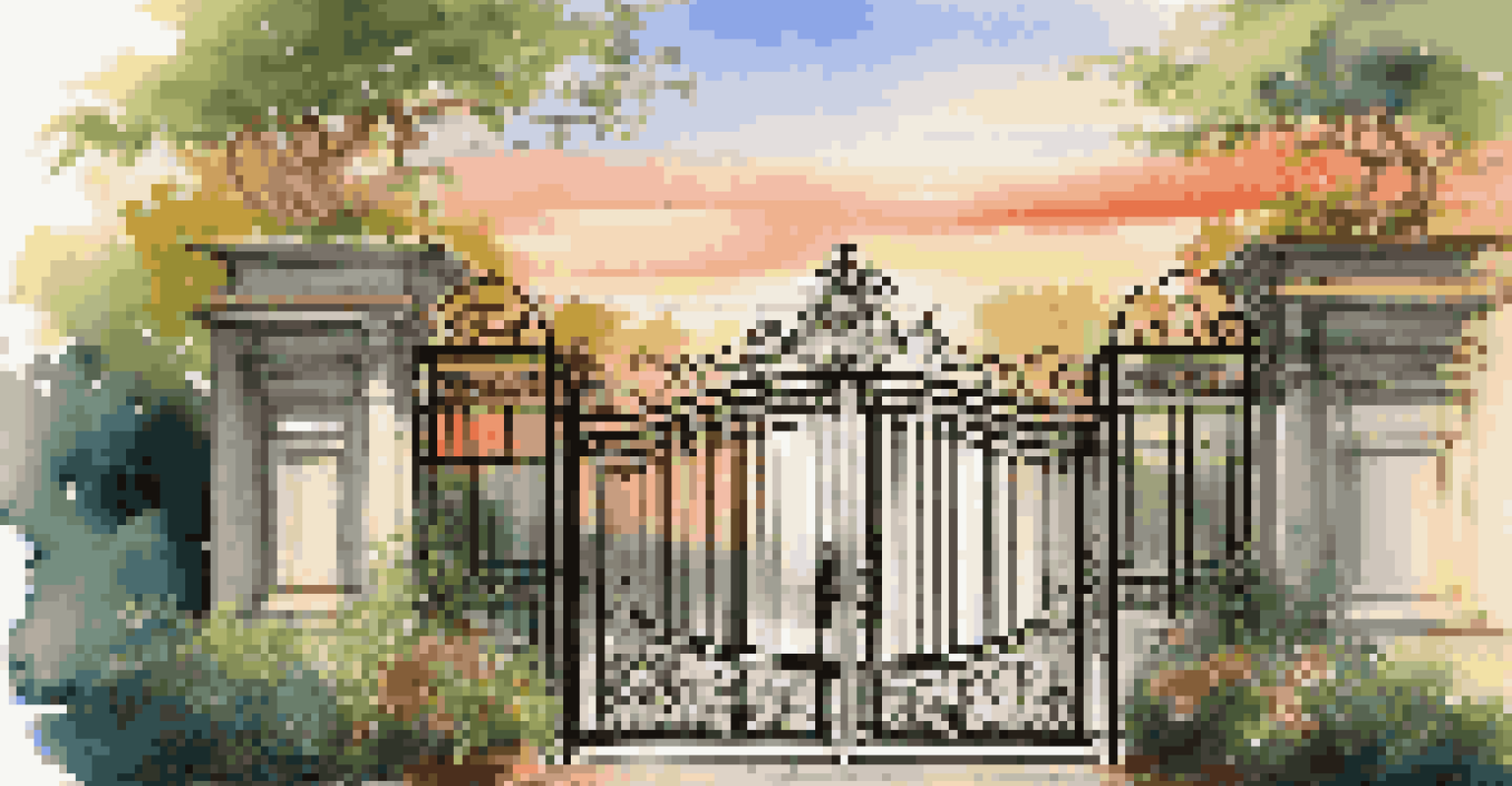 An ornate wrought iron security gate in front of a classic villa during sunset, surrounded by flowers.