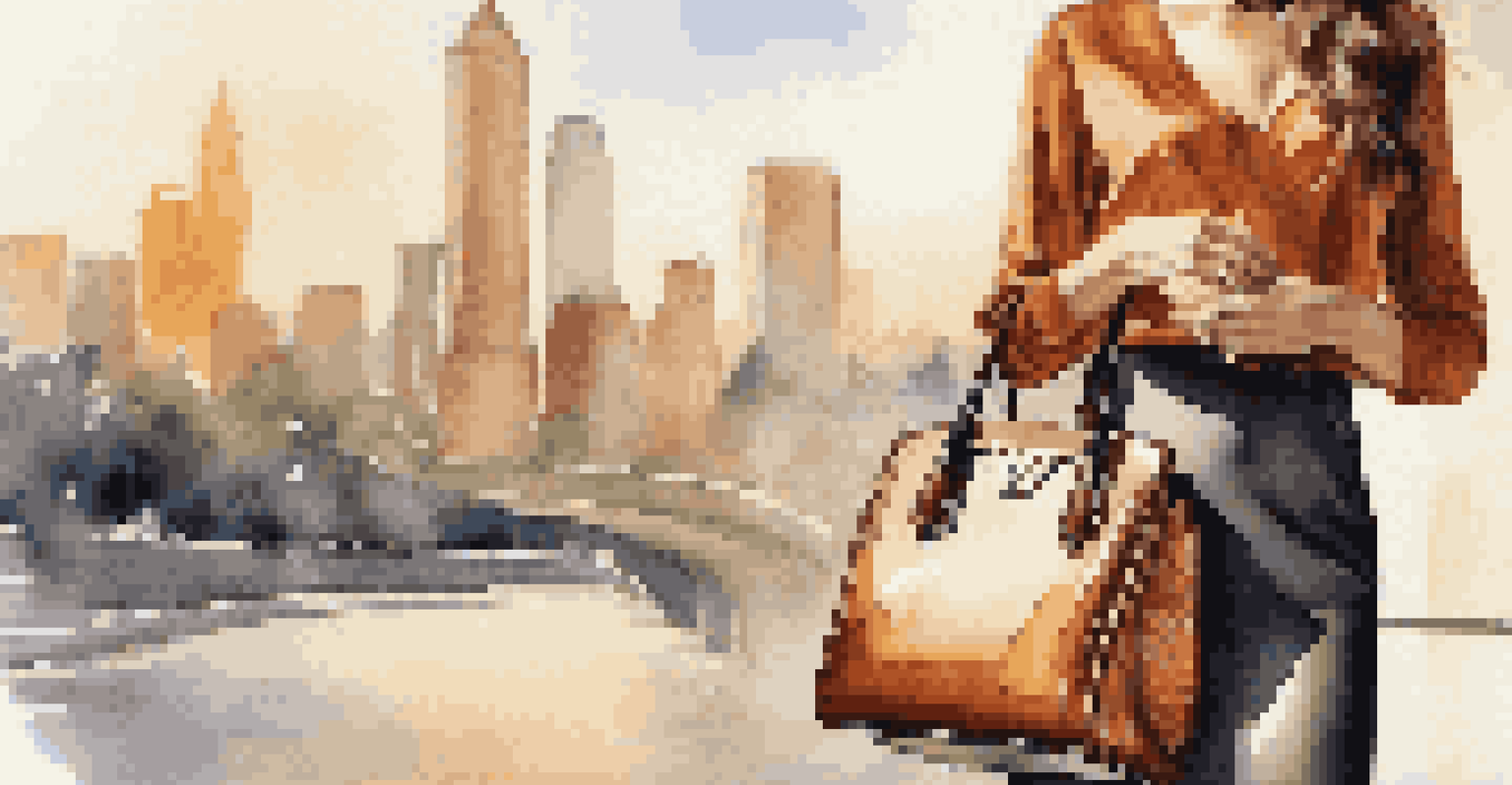 A close-up of a person holding a designer handbag in an outdoor city setting, with warm sunlight and stylish attire.