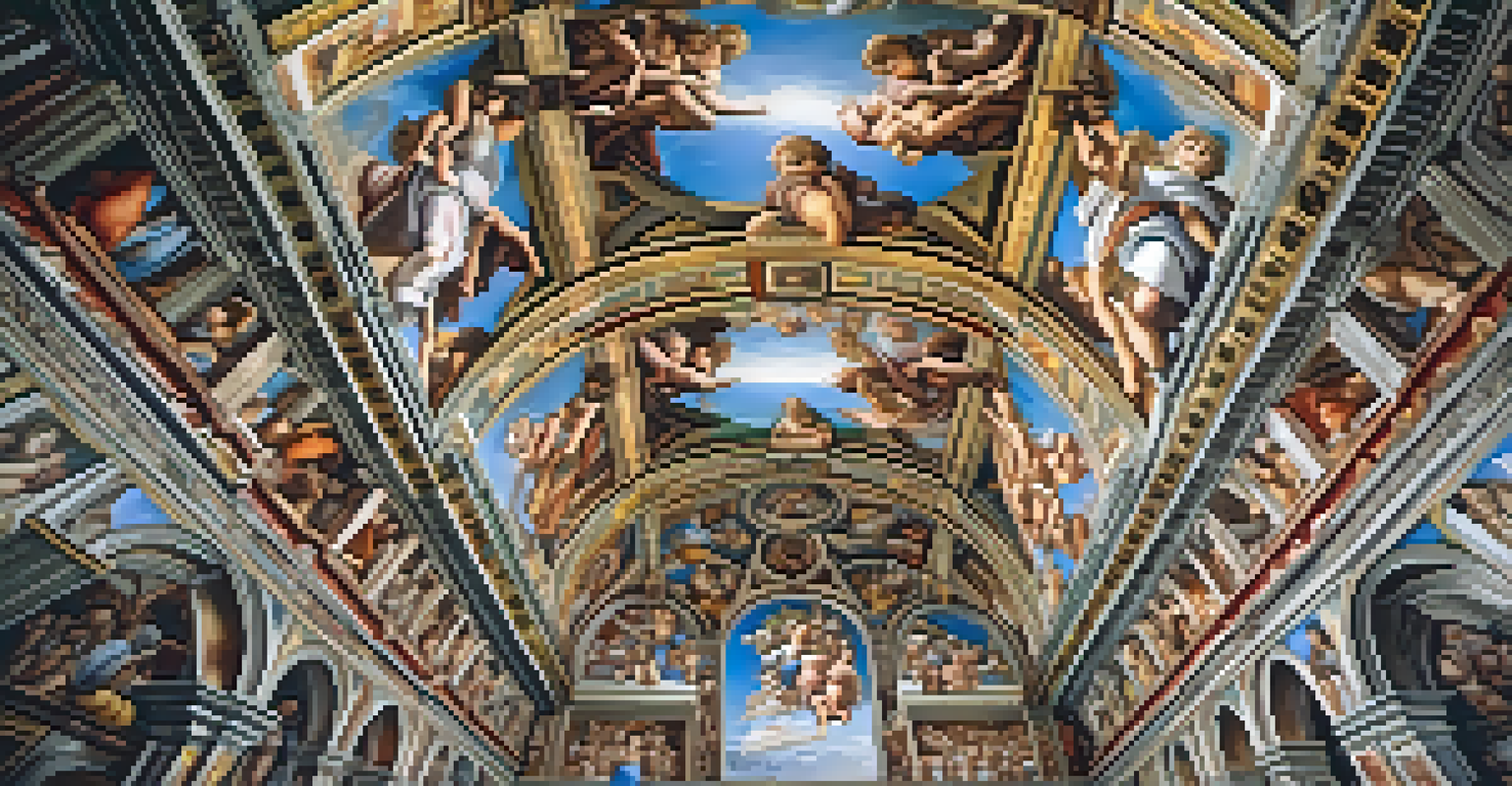 A detailed view of the Sistine Chapel ceiling, highlighting Michelangelo's colorful artwork.