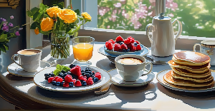 A brunch table set with pancakes and coffee, decorated with flowers and warm lighting.