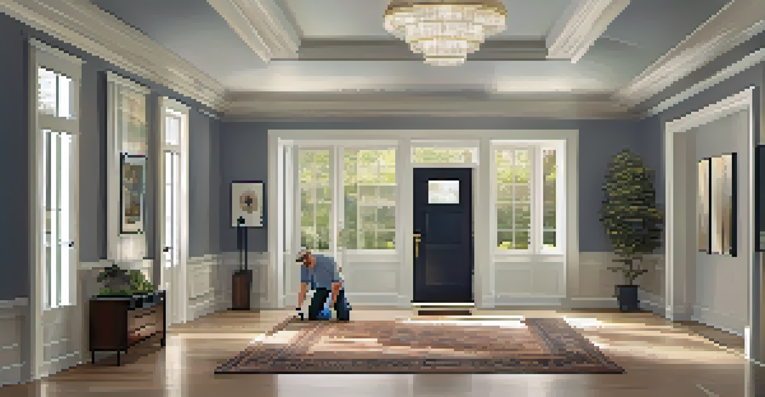 A professional installation team setting up a luxury home security system in an entryway, with high-quality equipment visible.