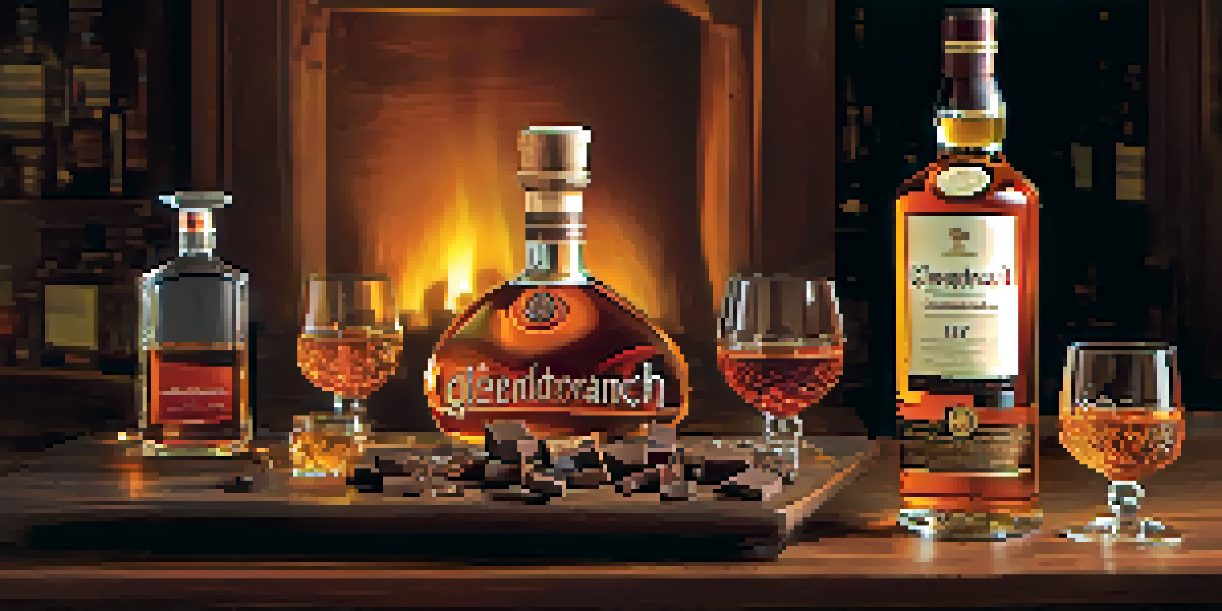 A rustic wooden table with a bottle of GlenDronach whisky, a glass of whisky, and dark chocolate pieces, illuminated by warm lighting.