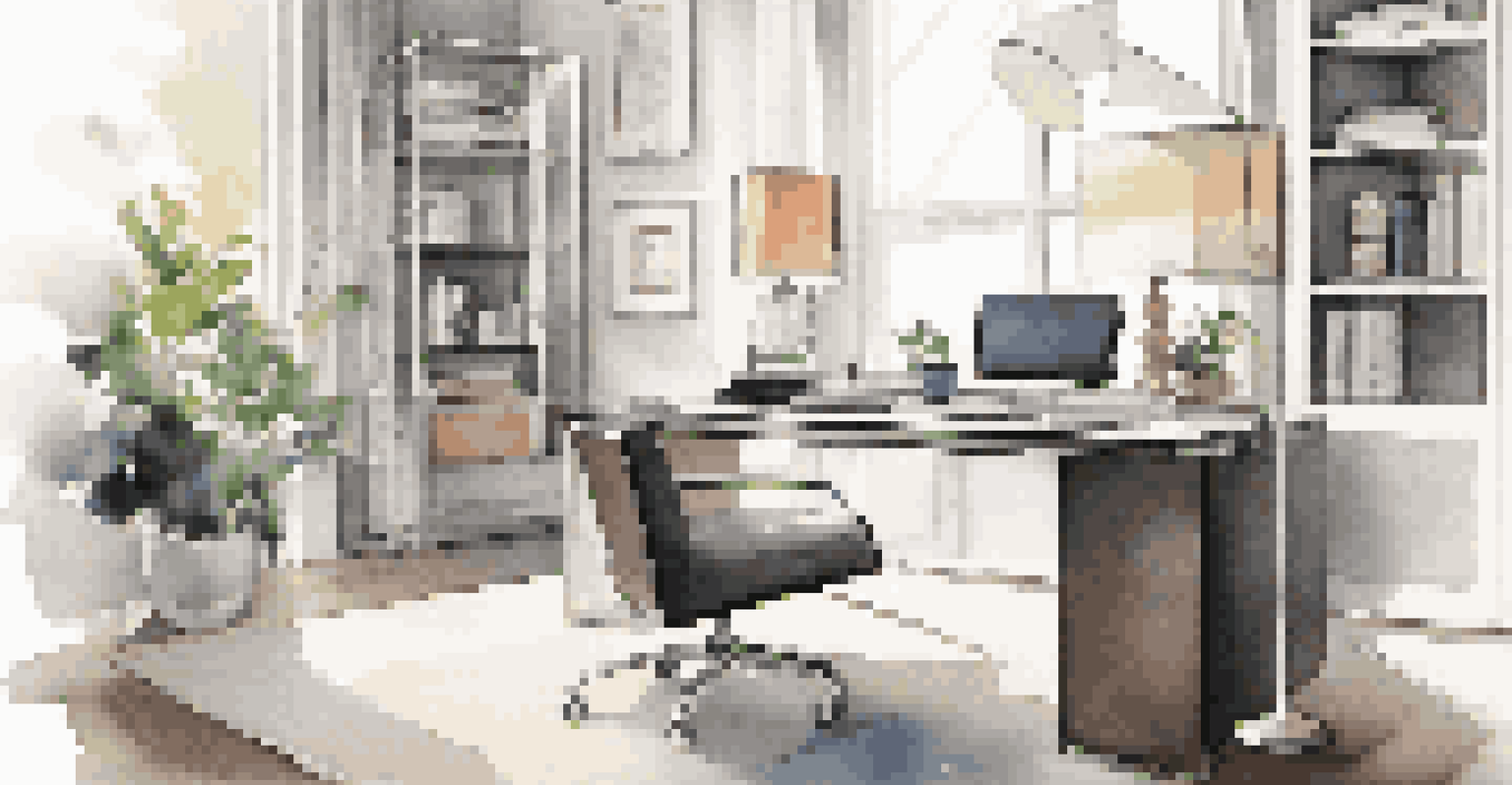 A stylish home office with a glass and metal desk, minimalistic accessories, and natural light.