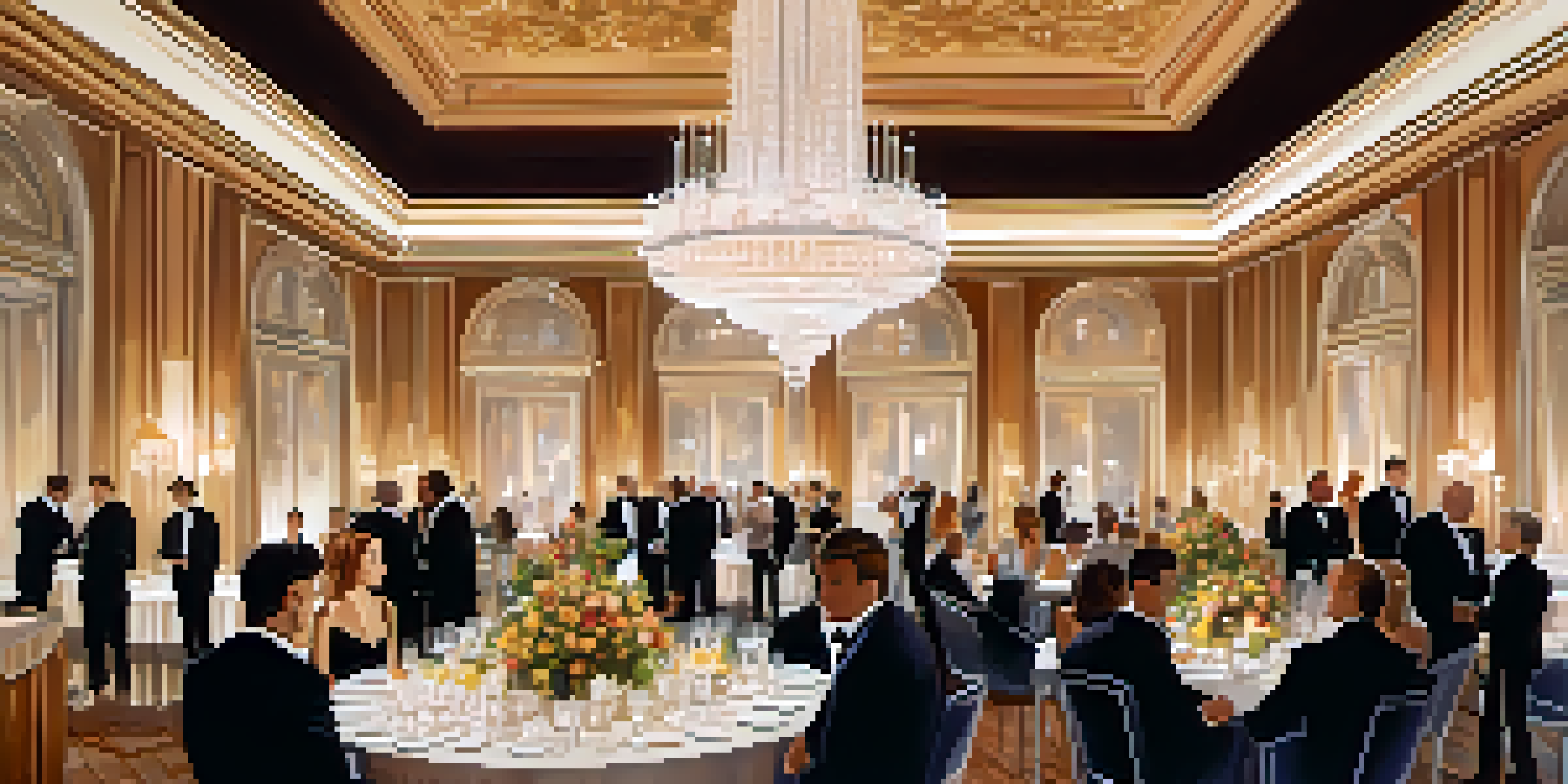 An elegant ballroom filled with formally dressed attendees engaged in conversation, illuminated by crystal chandeliers and warm ambient lighting.