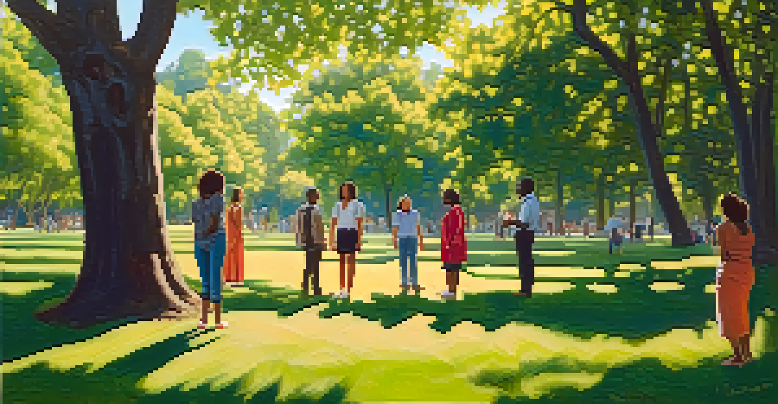 A model in ethically made clothing standing in a park, surrounded by individuals discussing sustainability.