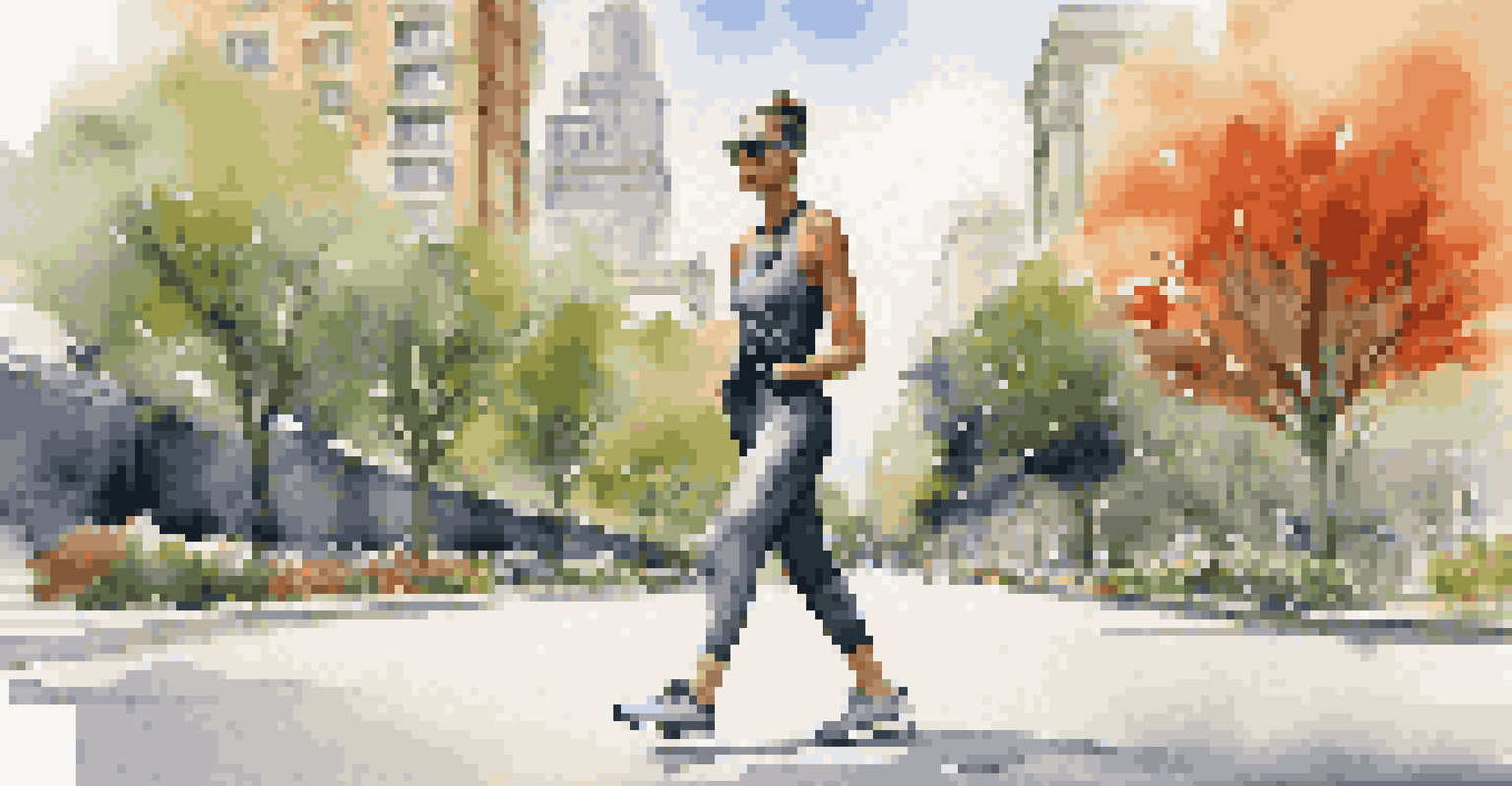 A person in stylish athleisure walking in a park, showcasing a blend of fashion and fitness against a backdrop of greenery and city buildings.