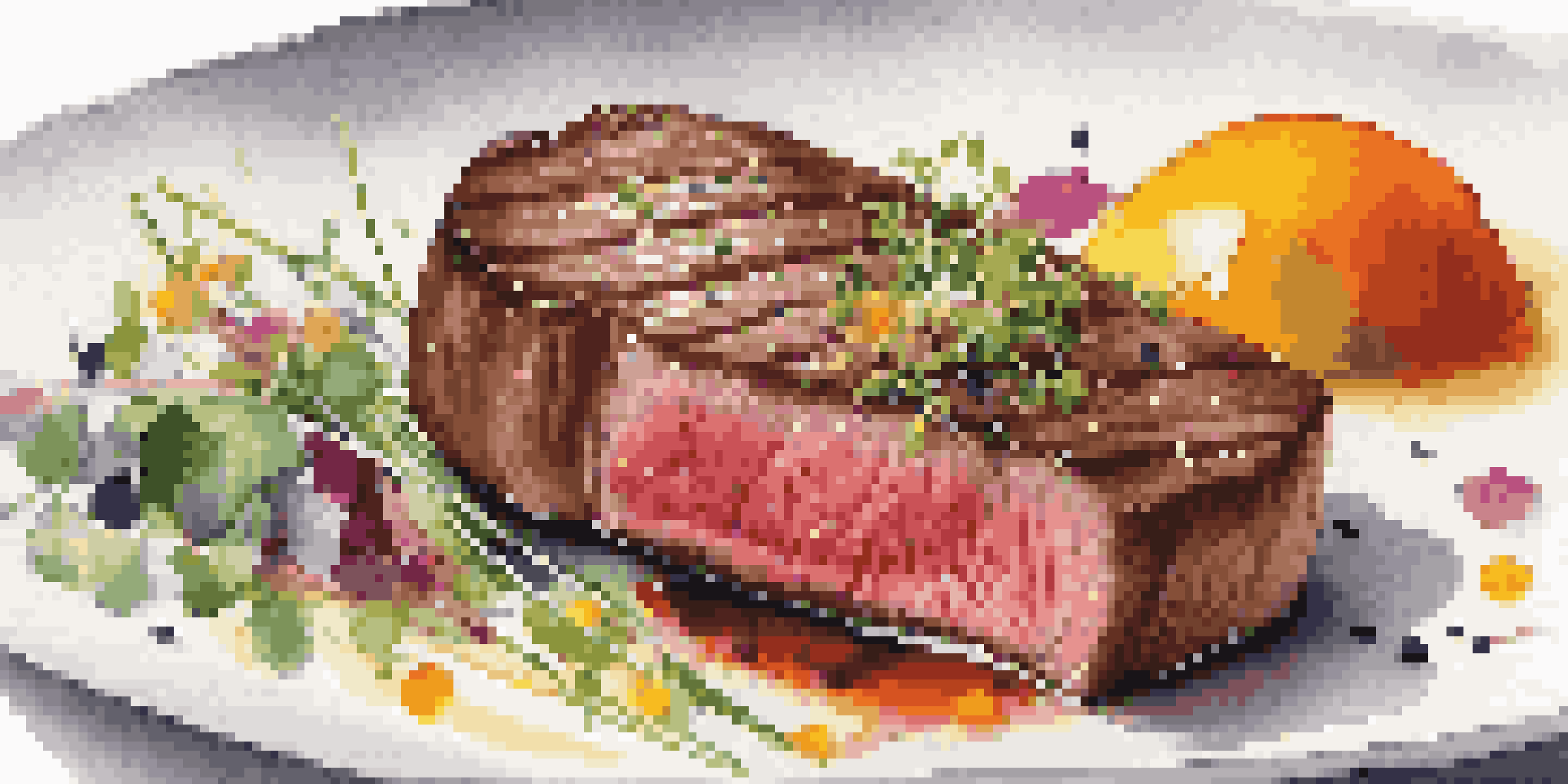 A gourmet dish with a seared steak in the center, colorful vegetables around it, and a silky puree, all on an elegantly white plate.