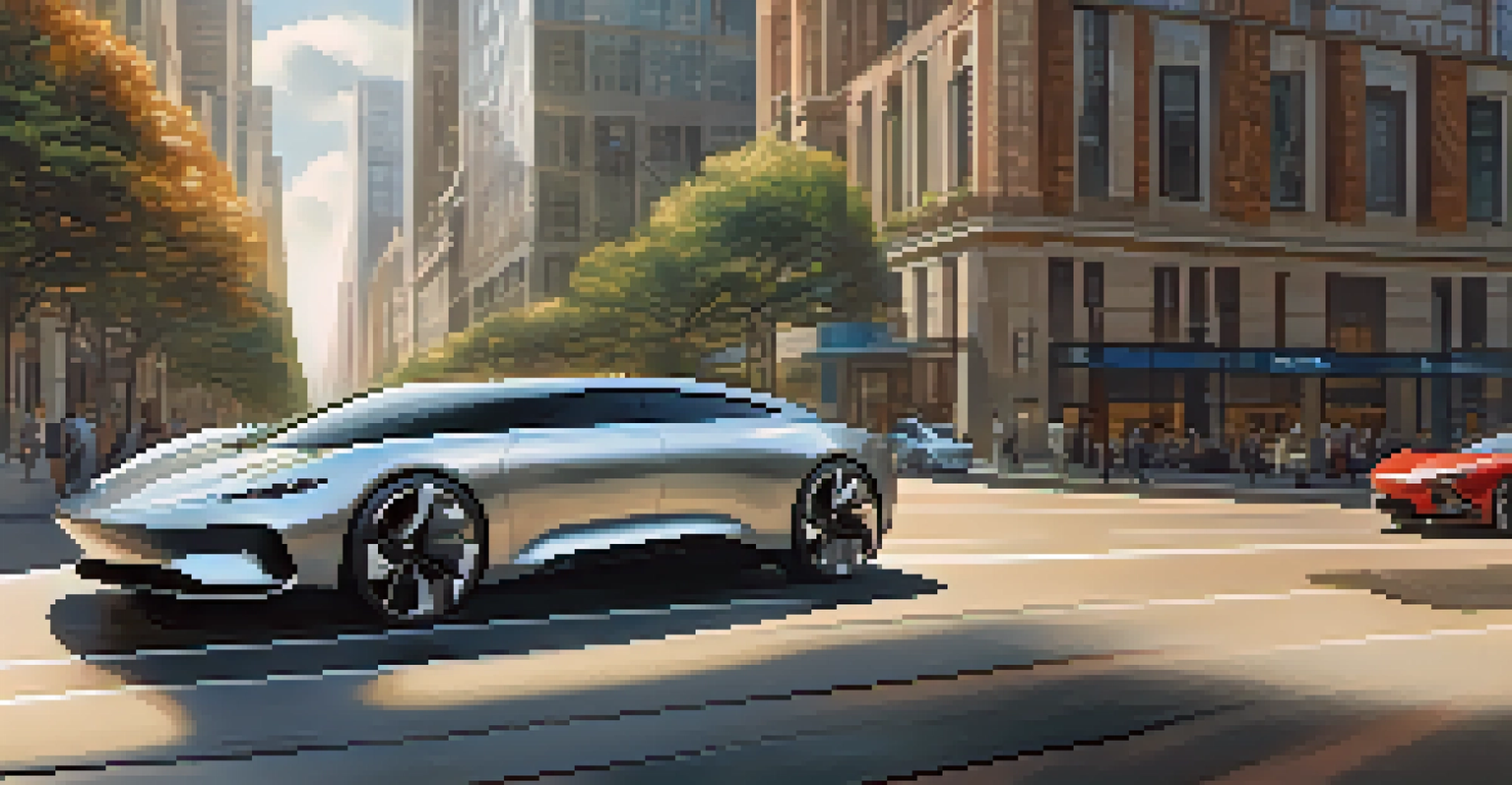 A luxury car driving autonomously in a modern city, with a relaxed driver using a tablet and skyscrapers in the background.