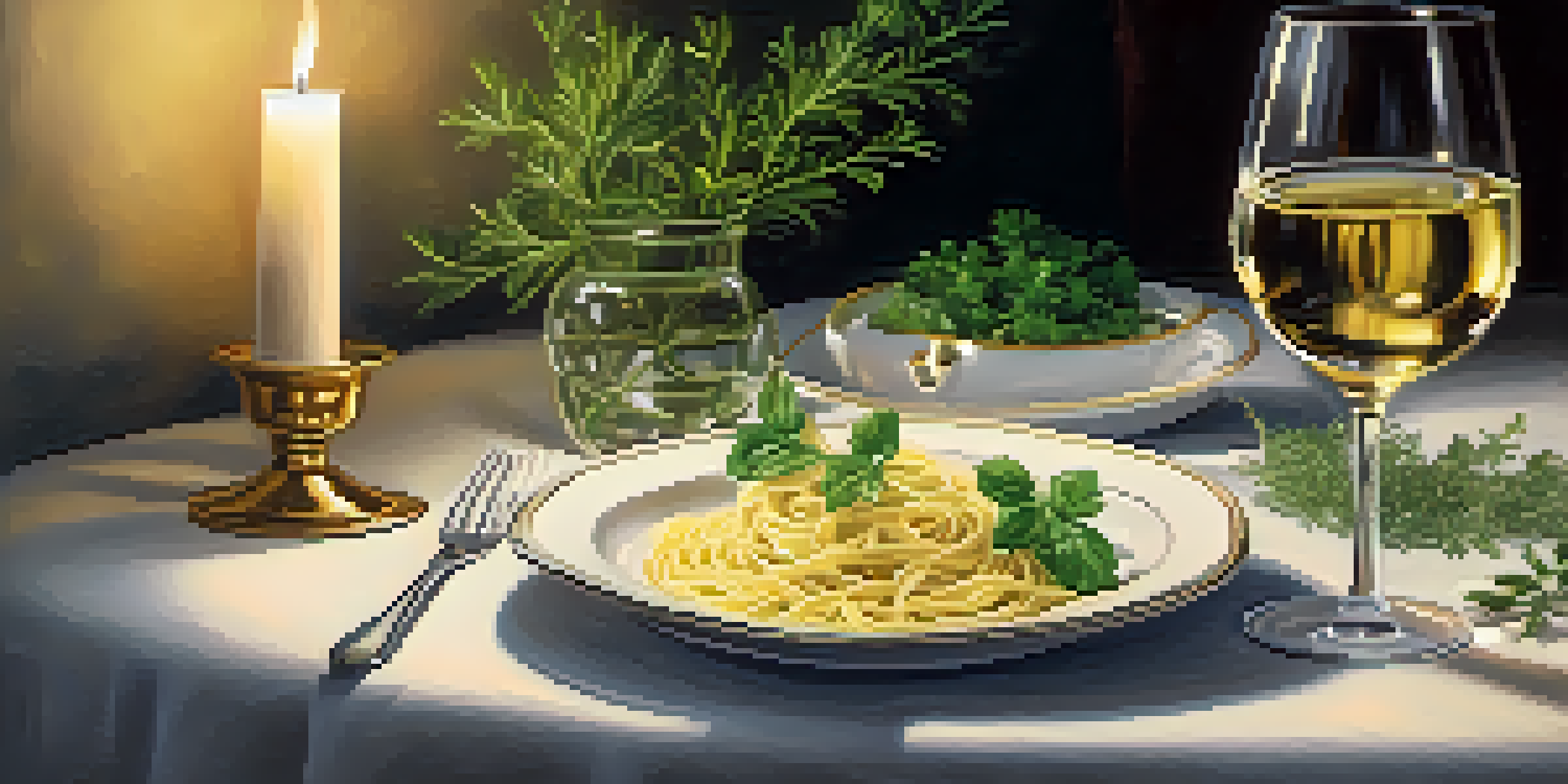 A dining table set with white wine, creamy pasta, fresh herbs, and candlelight ambiance.