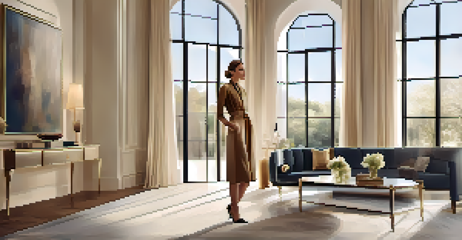 A stylish model in a classic outfit standing in a minimalist room, illuminated by golden hour light.