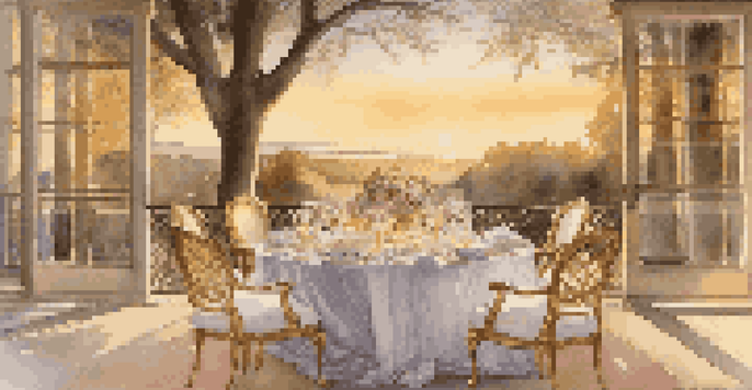An elegantly set outdoor dining table at sunset, with fine china and a floral centerpiece, surrounded by nature.