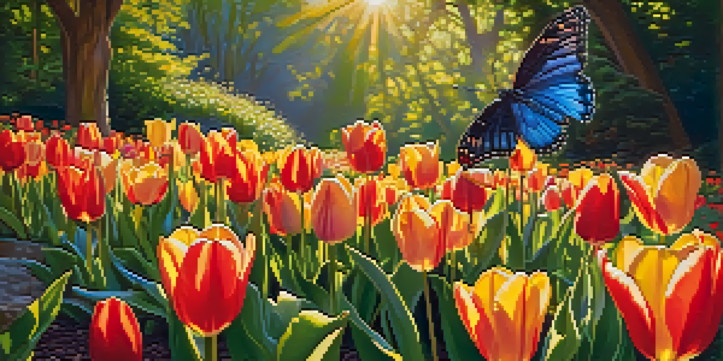 A colorful spring garden filled with blooming tulips and green leaves under warm sunlight, with a butterfly resting on a flower.