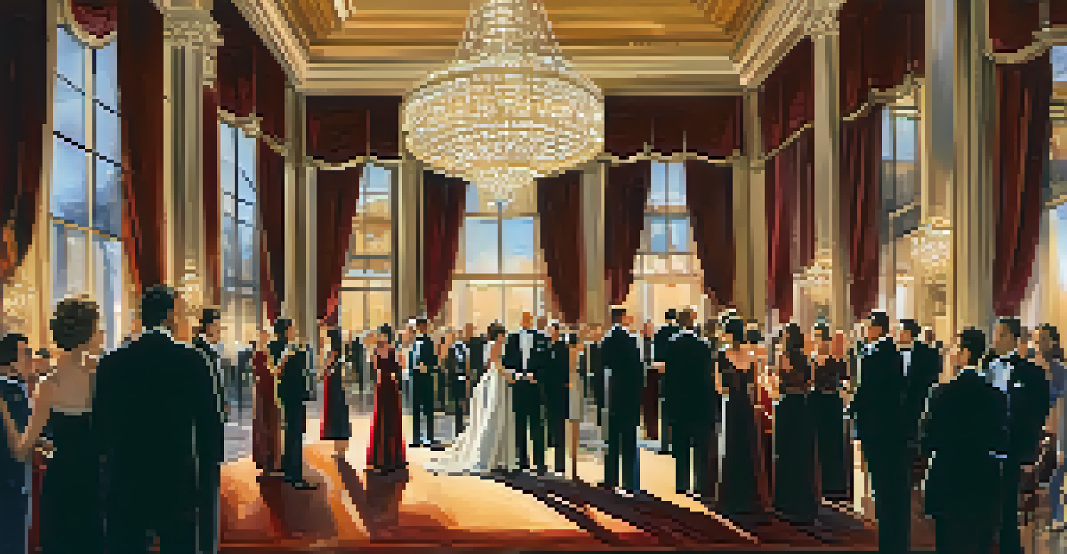 An indoor gala event featuring a grand chandelier, rich velvet drapes, and elegantly dressed guests in a luxurious atmosphere.