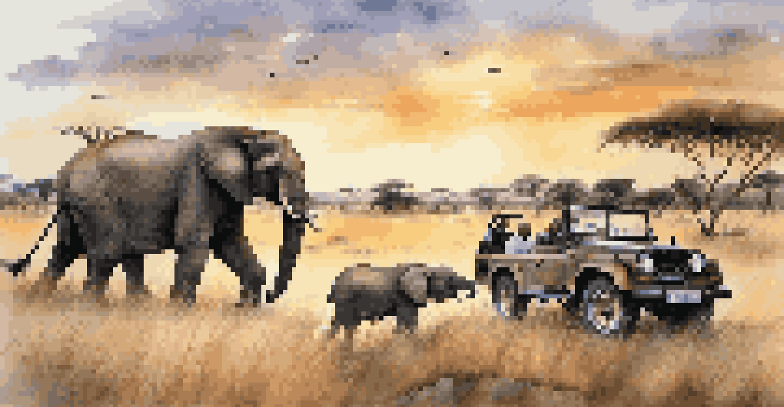 A luxury safari jeep parked near a watering hole, with elephants in the background, under a stunning golden sunset in South Africa.