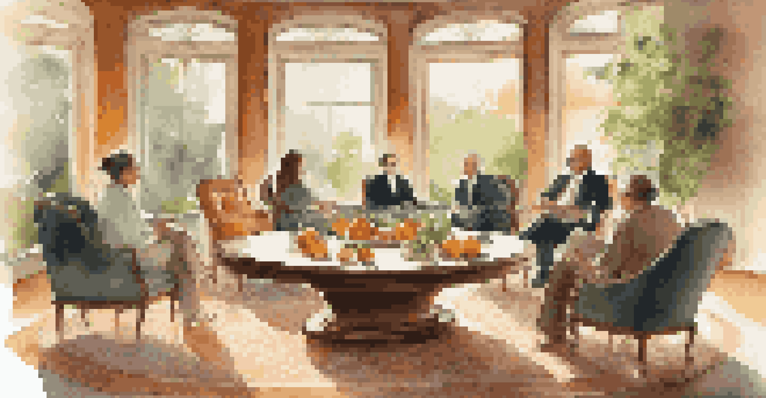 An elegant indoor setting at a luxury retreat with a circle of chairs and a table of fresh fruits, with facilitators engaging in discussion.