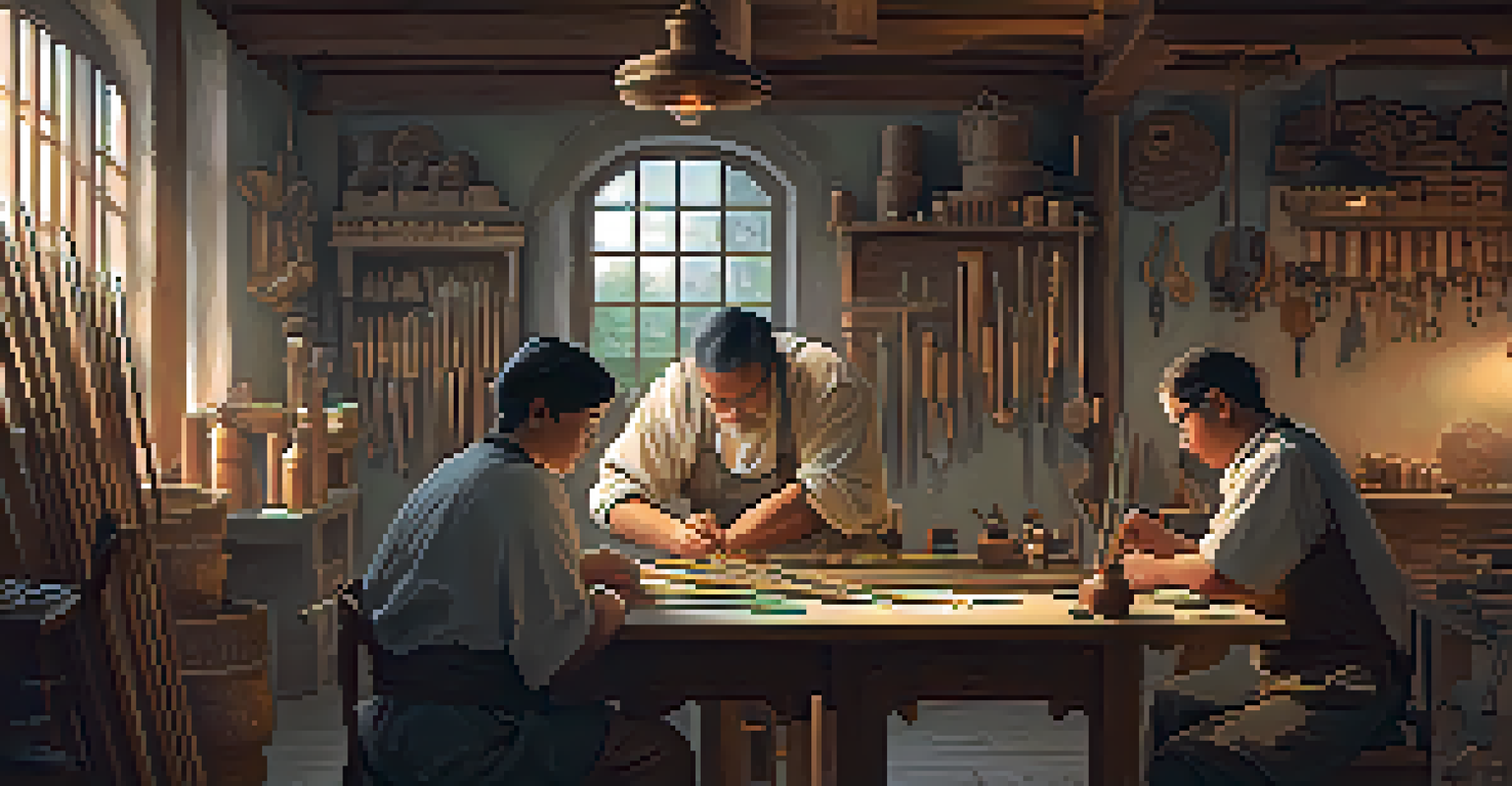 A workshop space where artisans are learning traditional craftsmanship with a mentor guiding a young apprentice, surrounded by tools and materials.