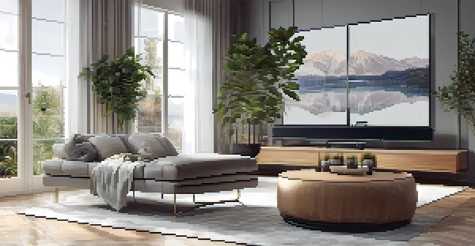 A modern living room with a high-end audio system integrated into the decor, featuring a soundbar and elegant furniture.