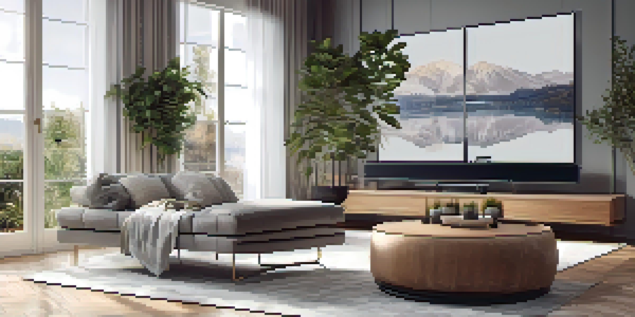 A modern living room with a high-end audio system integrated into the decor, featuring a soundbar and elegant furniture.
