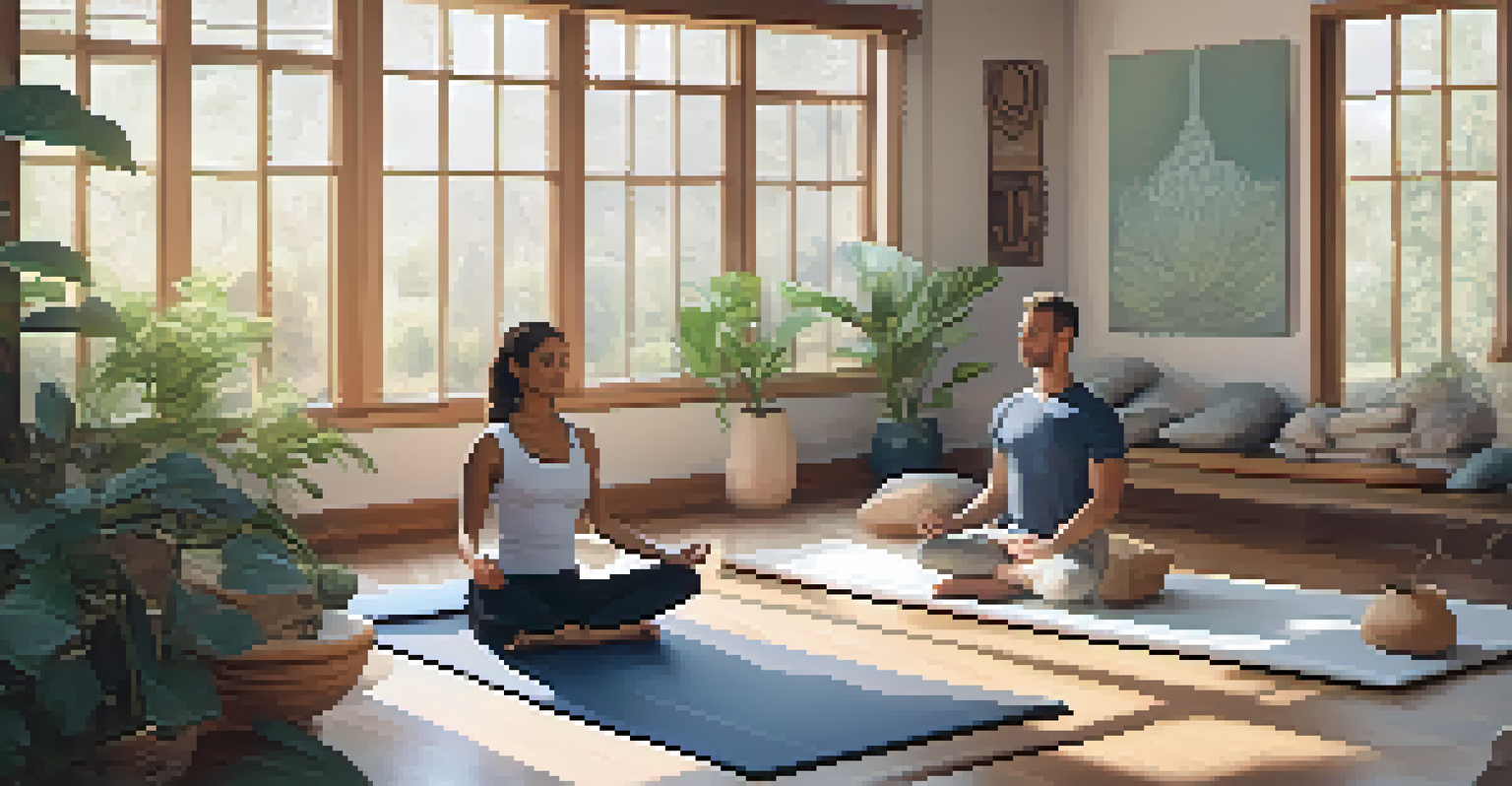 A yoga space where a coach guides a client in a breathing exercise, surrounded by calming decor and soft cushions.