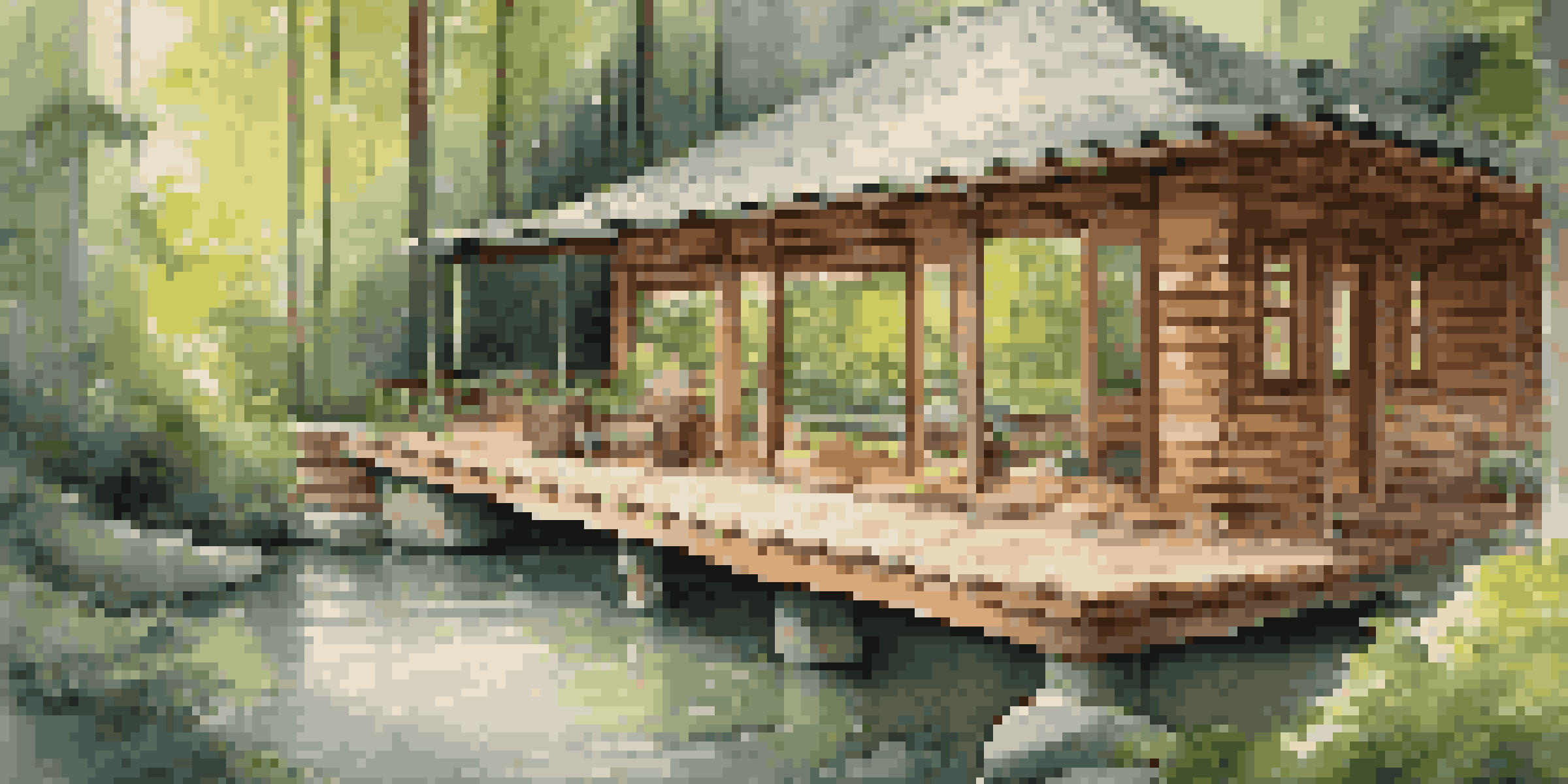 A luxurious wooden cabin in a lush forest, with large windows facing a tranquil stream and a yoga mat on the deck.