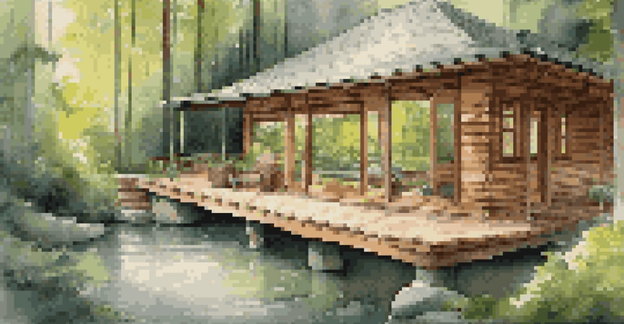 A luxurious wooden cabin in a lush forest, with large windows facing a tranquil stream and a yoga mat on the deck.
