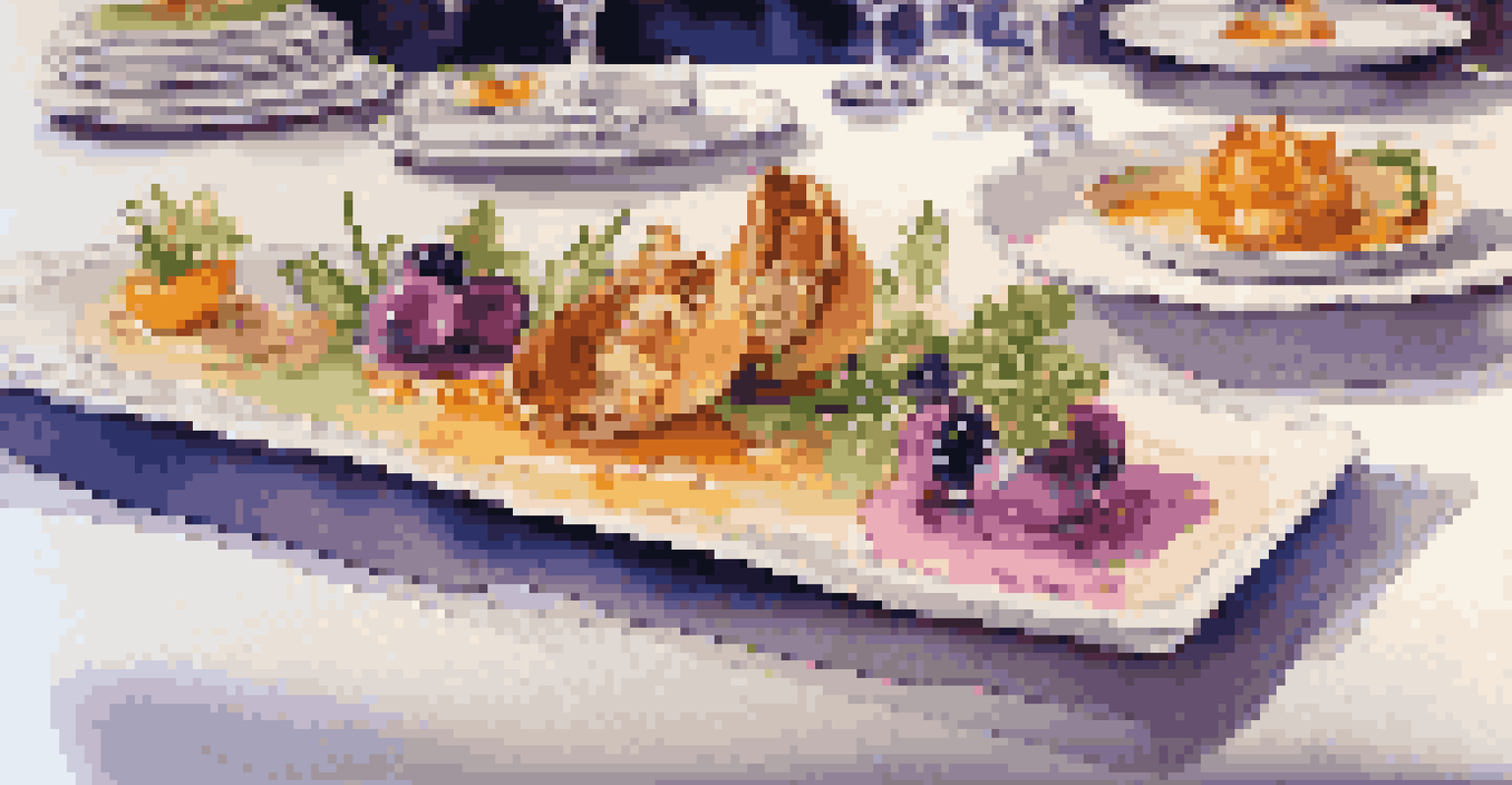 An exquisite gourmet dish on a fine dining table at a charity event, surrounded by blurred guests in conversation.