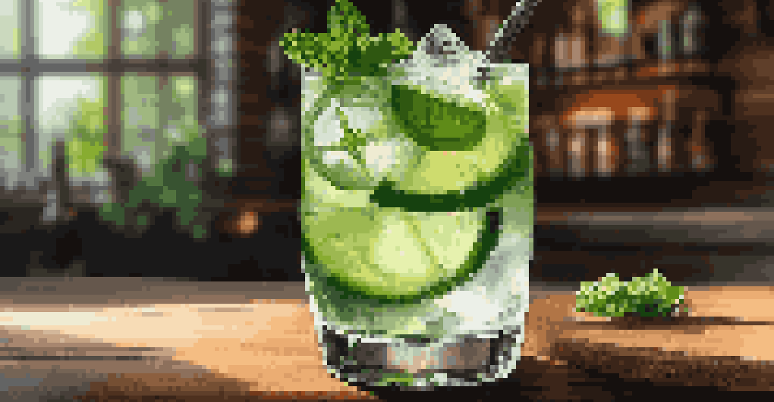 A craft cocktail with herbs and cucumber on a wooden table, alongside a fresh salad.