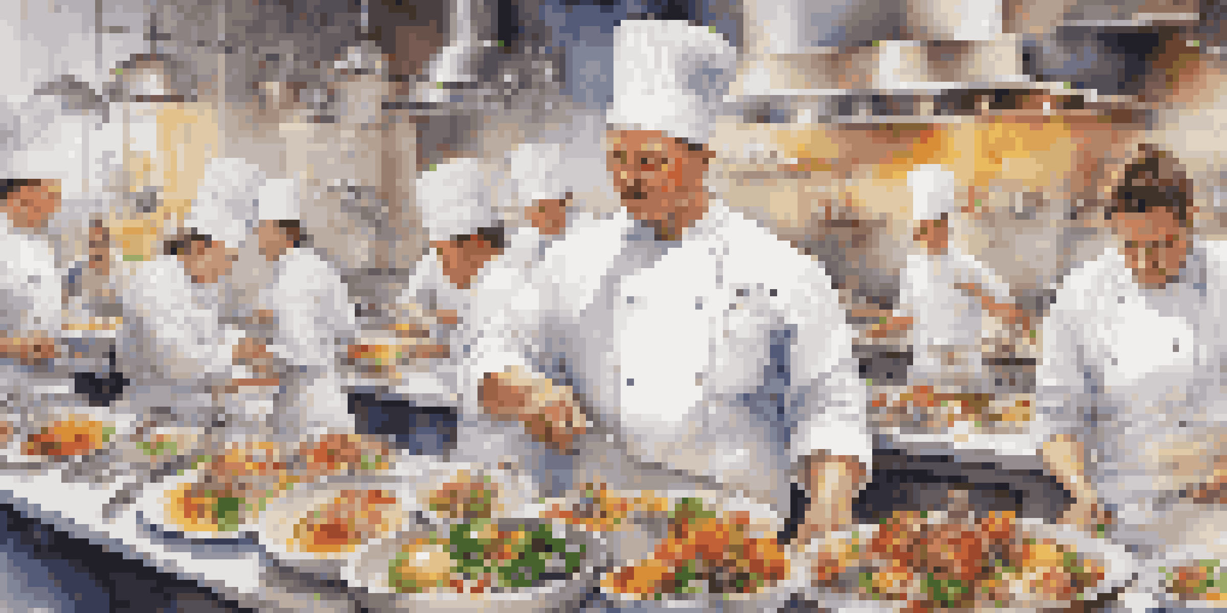 A busy culinary competition with chefs in white uniforms preparing colorful dishes, a spotlight on one chef plating their creation.