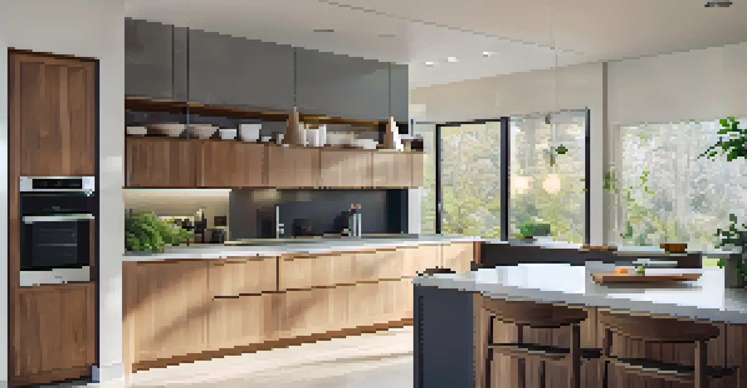 A stylish modern kitchen with energy-efficient appliances and smart technology, emphasizing sustainable luxury living.