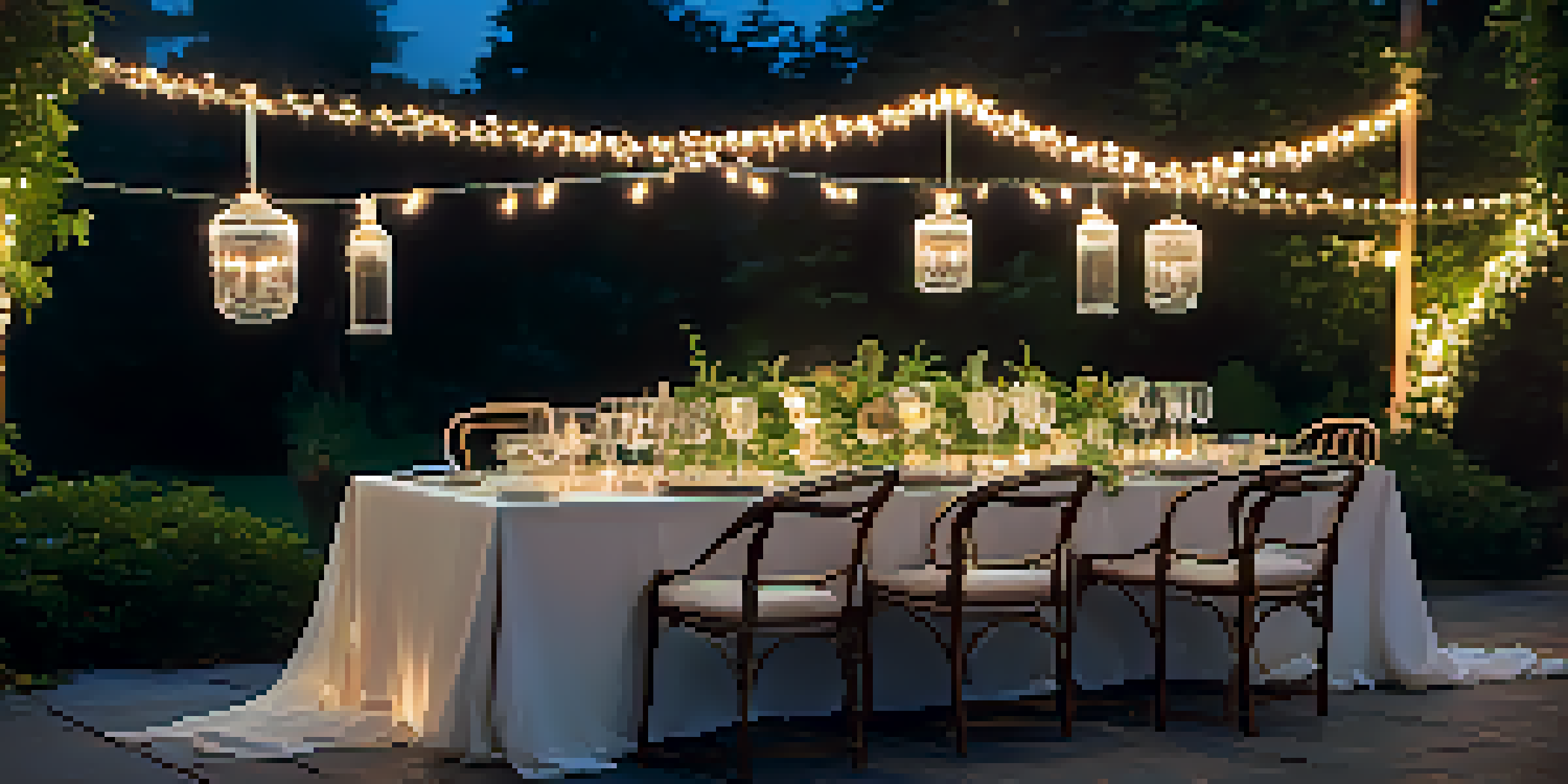 An outdoor dinner table elegantly set with fine china and crystal glassware, surrounded by greenery and fairy lights.
