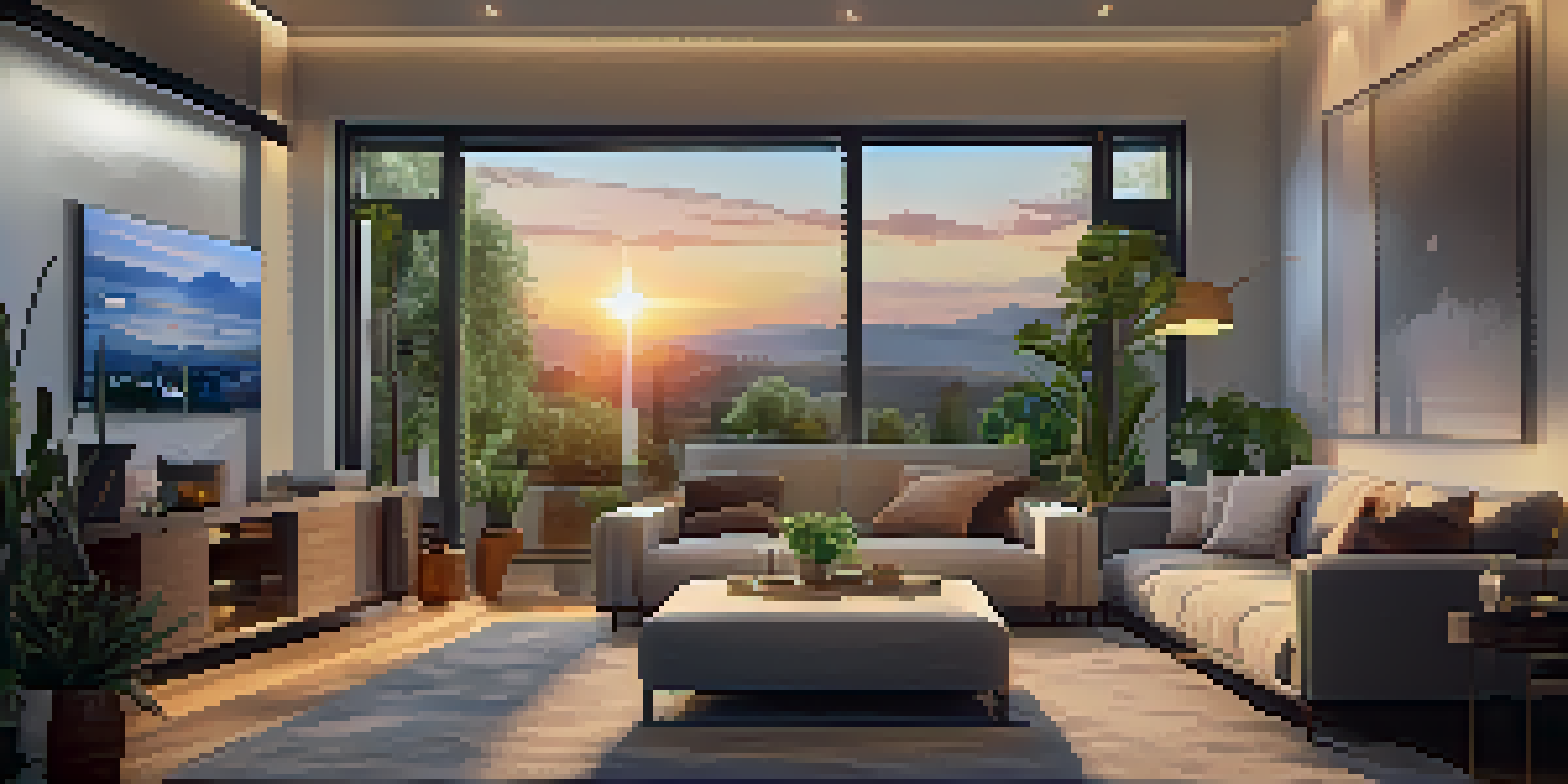 A cozy modern living room with a smart HVAC control panel, warm lighting, plush furniture, and a sunset visible through a large window.