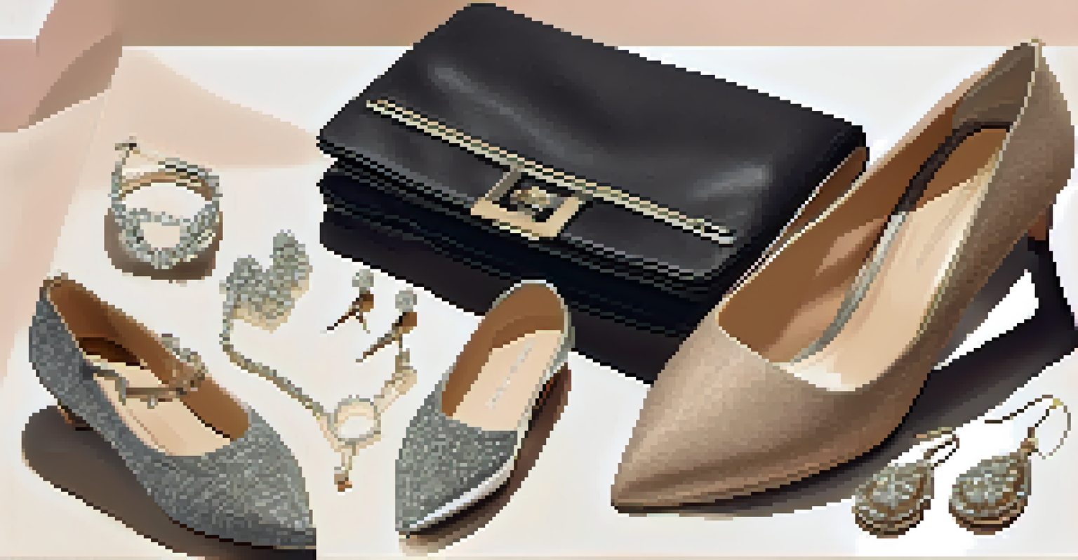 A flat lay of high-end fashion rental items, including a handbag, heels, and a dress, arranged on a soft neutral fabric with delicate accessories.