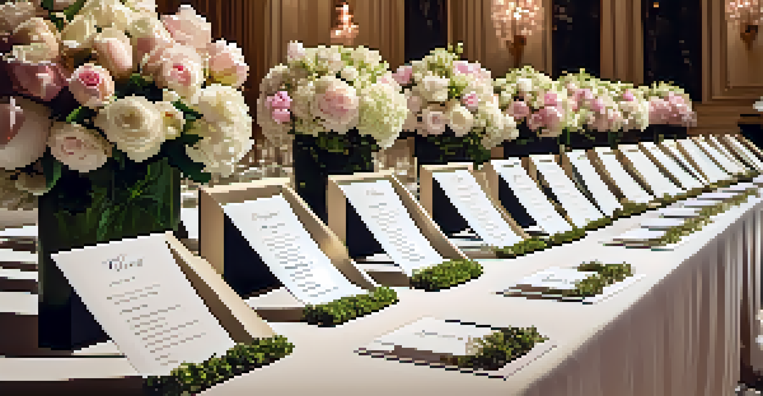 An elegant guest list display with name cards, flowers, and ambient lighting in a sophisticated venue.