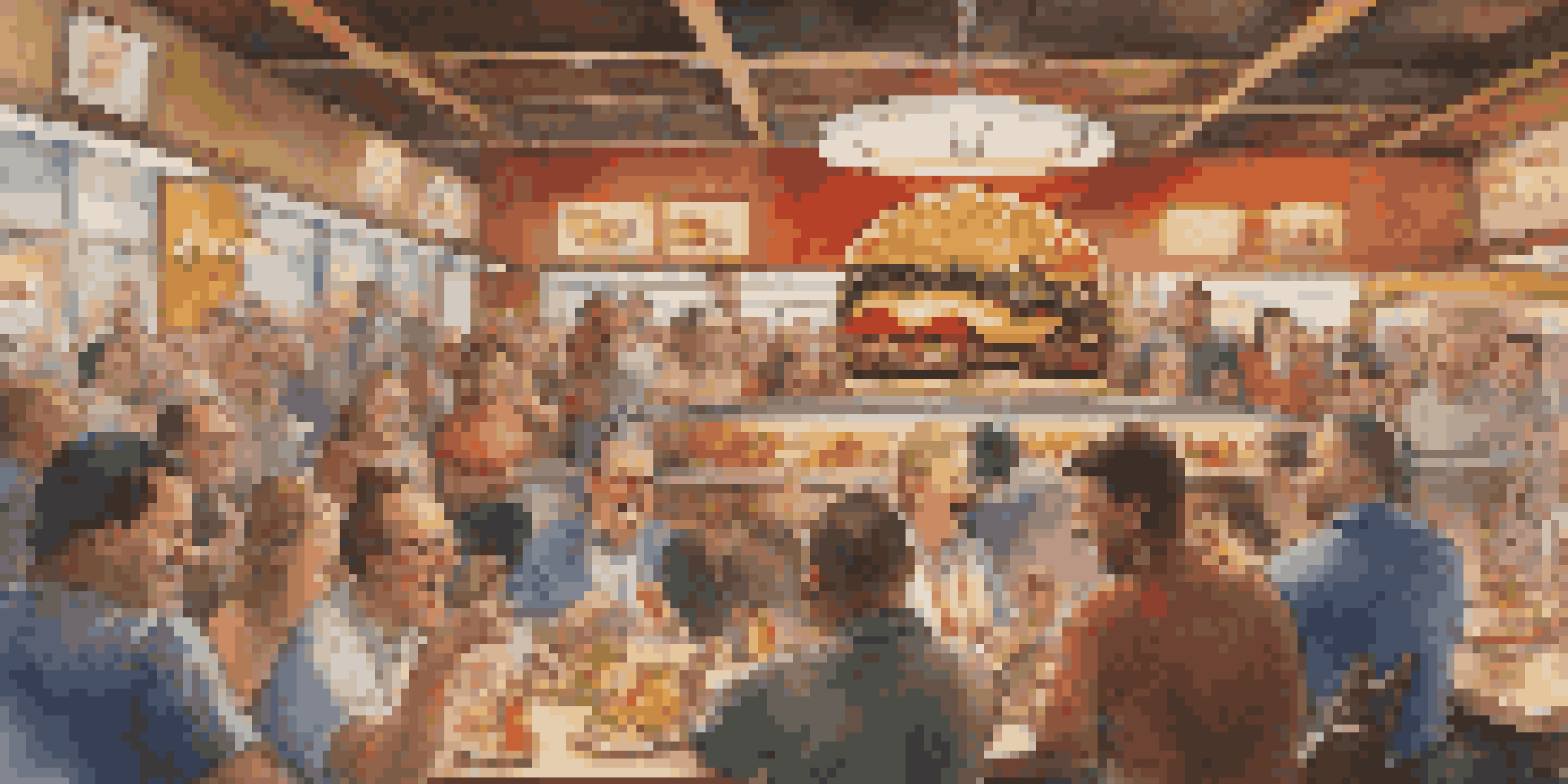 A busy restaurant with a towering burger challenge being attempted by a participant, featuring excited onlookers and warm lighting.