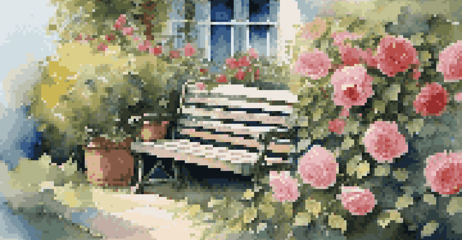A charming garden corner with a wooden bench surrounded by blooming roses and vines.