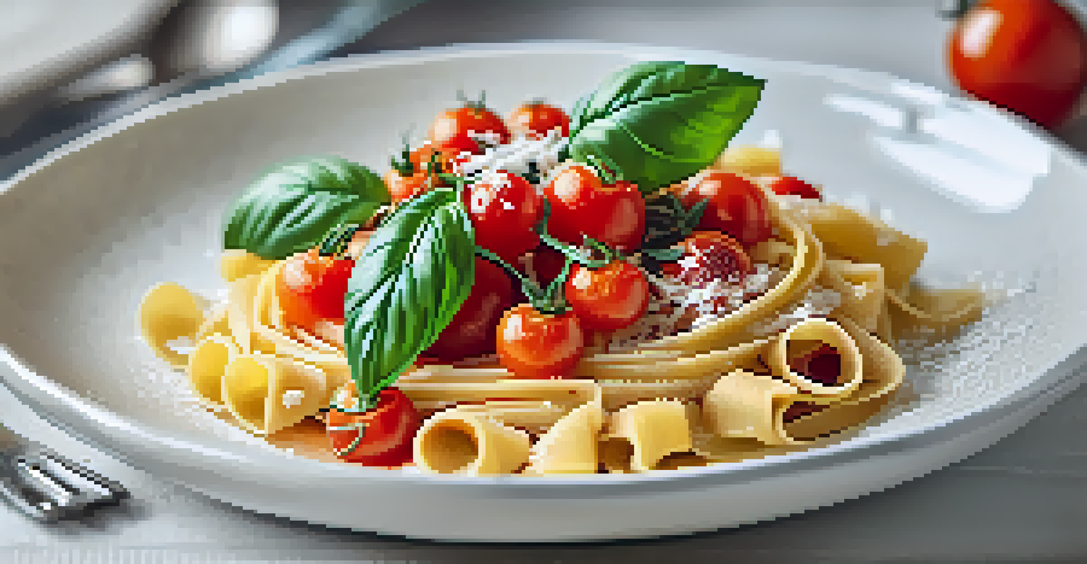 A plate of handmade pasta topped with cherry tomato and basil sauce, elegantly garnished, with a softly blurred kitchen background.