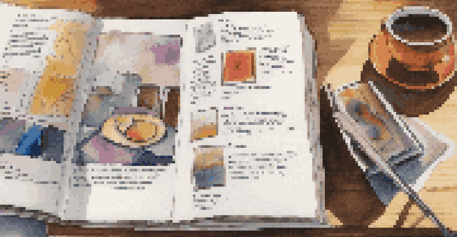 An open art fair catalog on a wooden table with colorful artworks and a cup of coffee beside it.