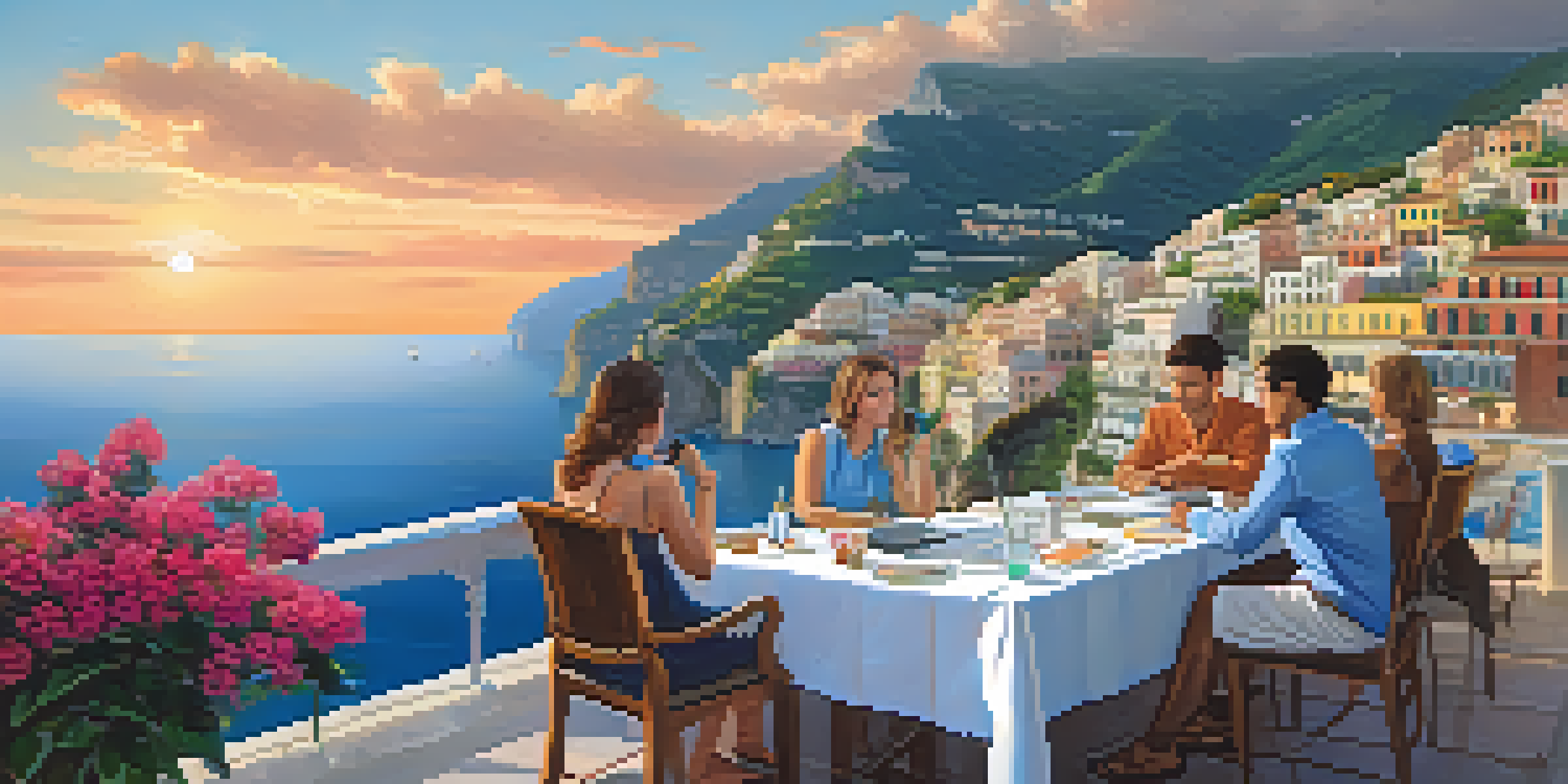 A group of diverse professionals brainstorming on a terrace overlooking the Amalfi Coast at sunset.