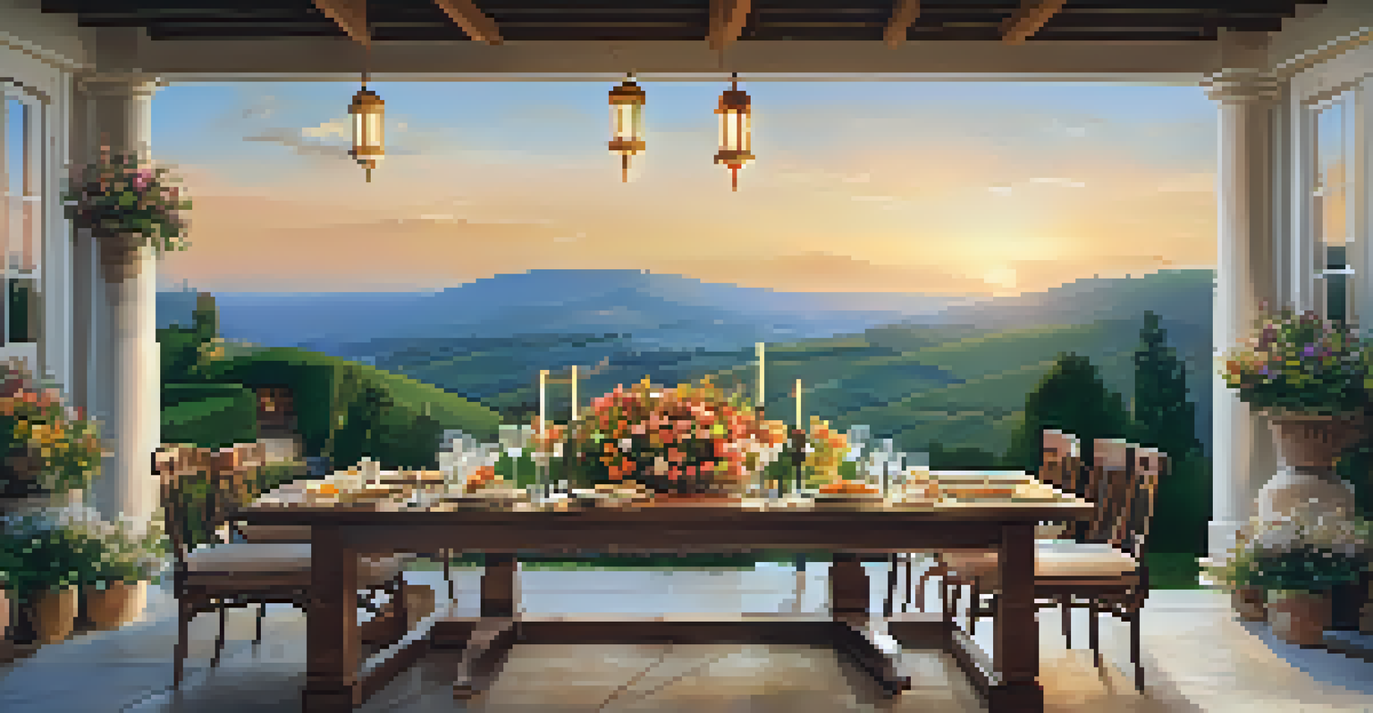A family dining setup on a villa terrace with a sunset view over rolling hills.
