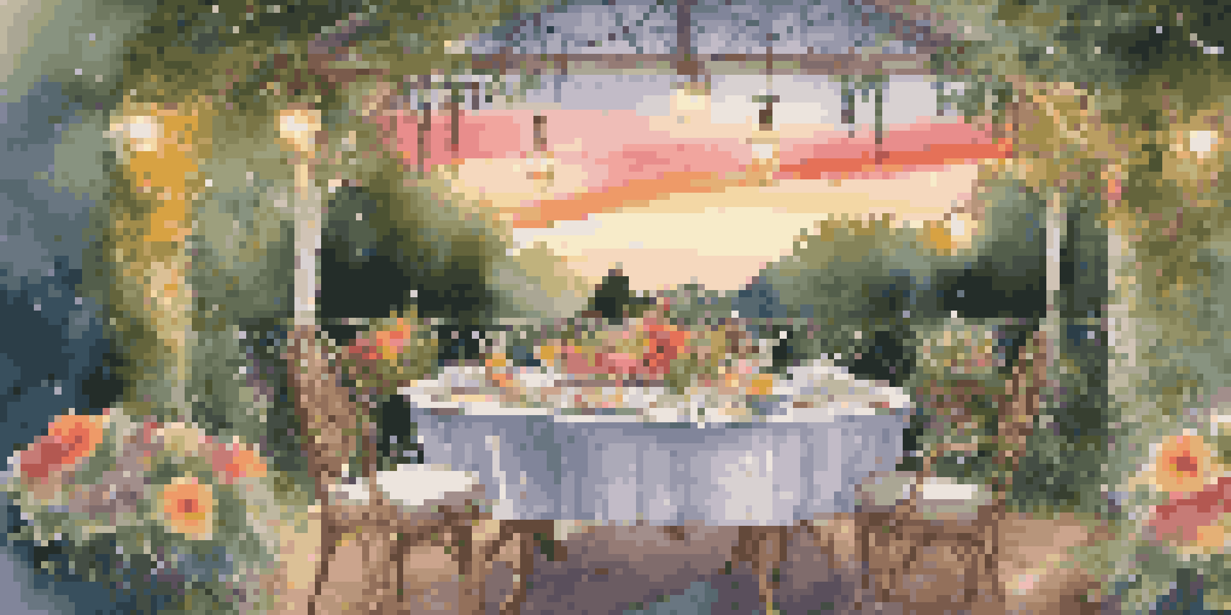 A dining table in a botanical garden, decorated with flowers and fairy lights, under a sunset sky.