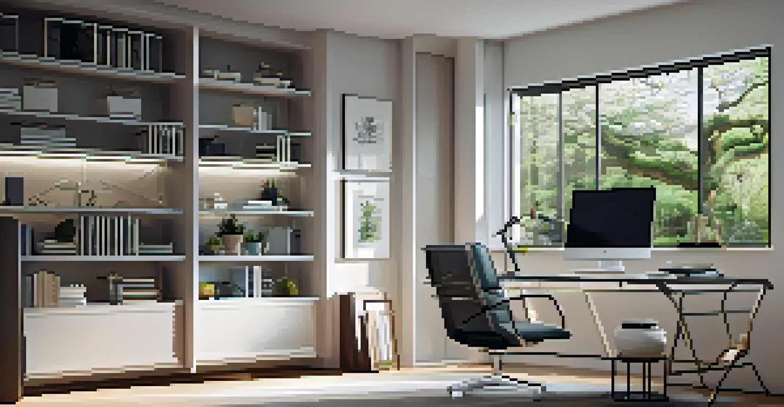 A modern home office with a glass desk, ergonomic chair, smart lighting, and a view of a garden through large windows, creating a tranquil workspace.