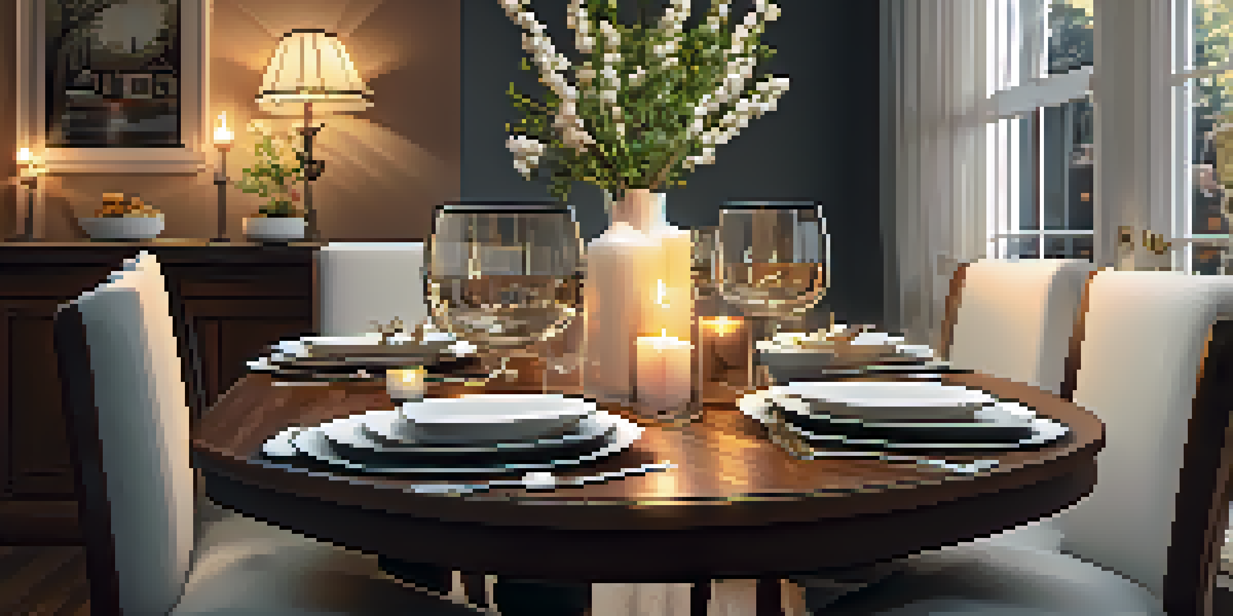 A cozy home dining setup with elegant dinnerware and soft candlelight, showcasing a homemade meal.