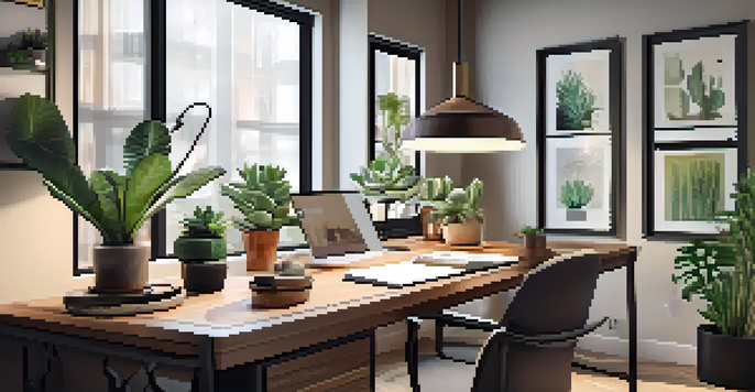 A modern home office with a wooden desk, ergonomic chair, and plants, illuminated by natural light and a pendant lamp.