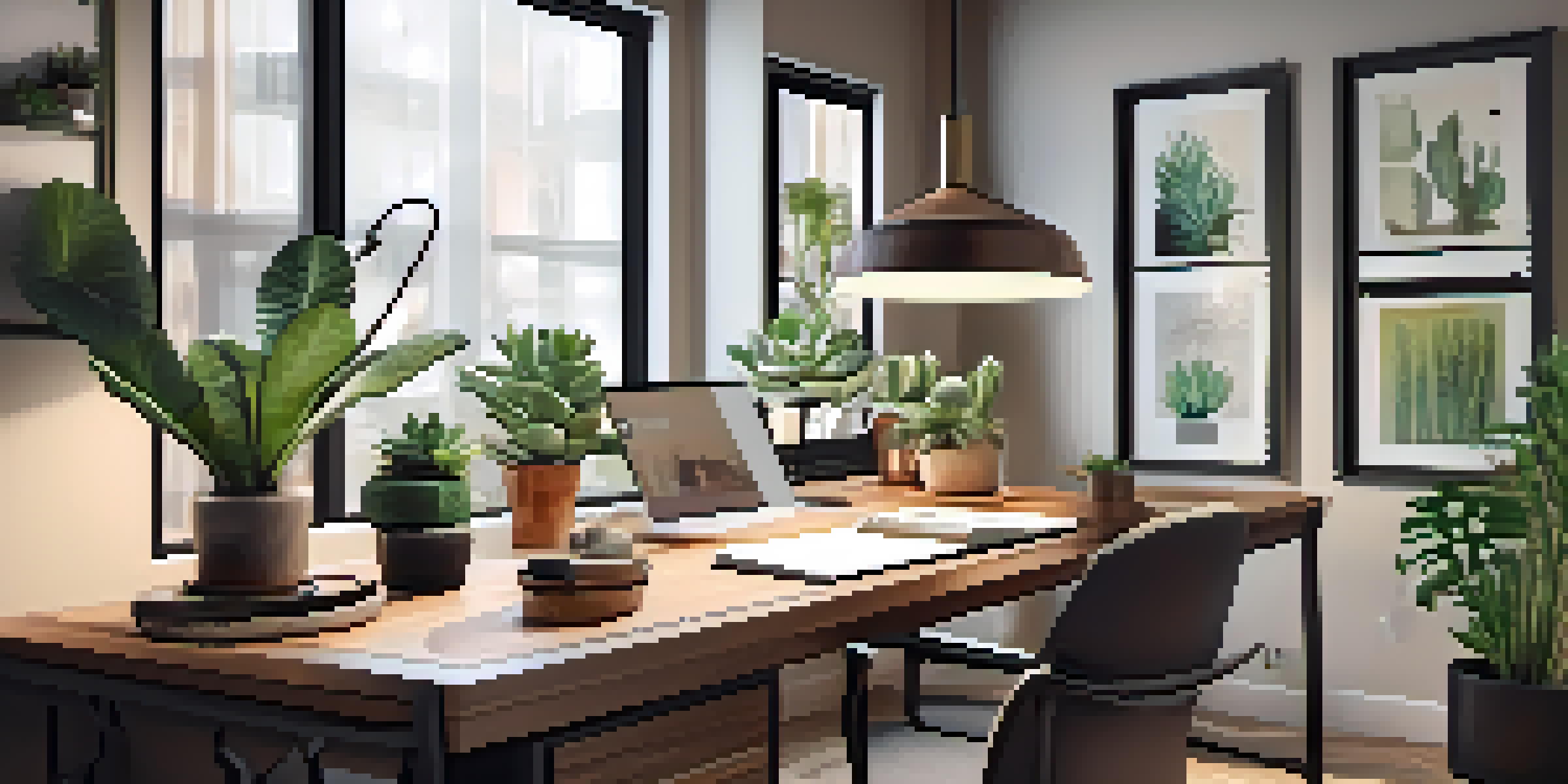 A modern home office with a wooden desk, ergonomic chair, and plants, illuminated by natural light and a pendant lamp.