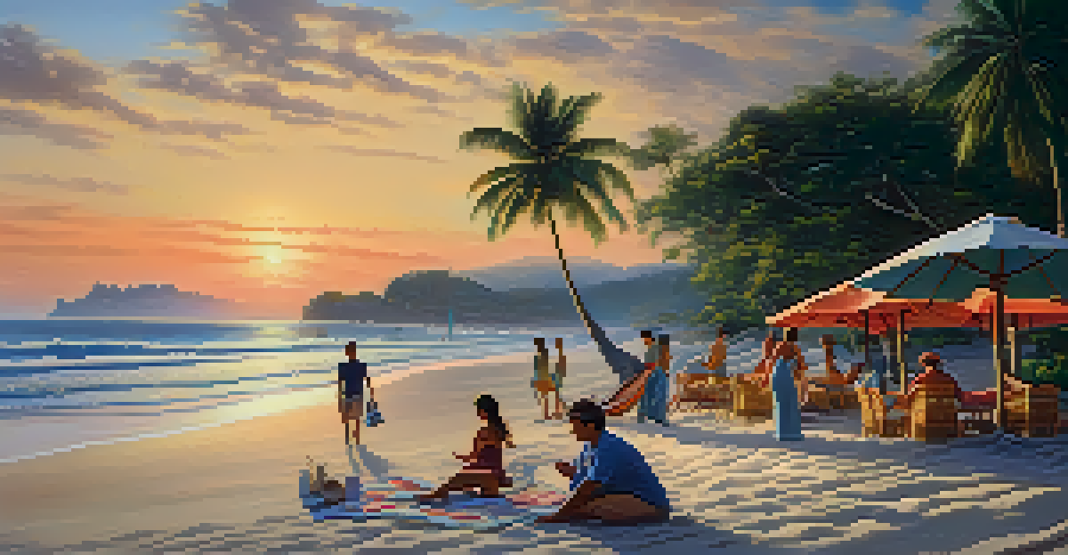 A family enjoying a beach day in Bali, building sandcastles on white sand with a stunning sunset and palm trees in the background.