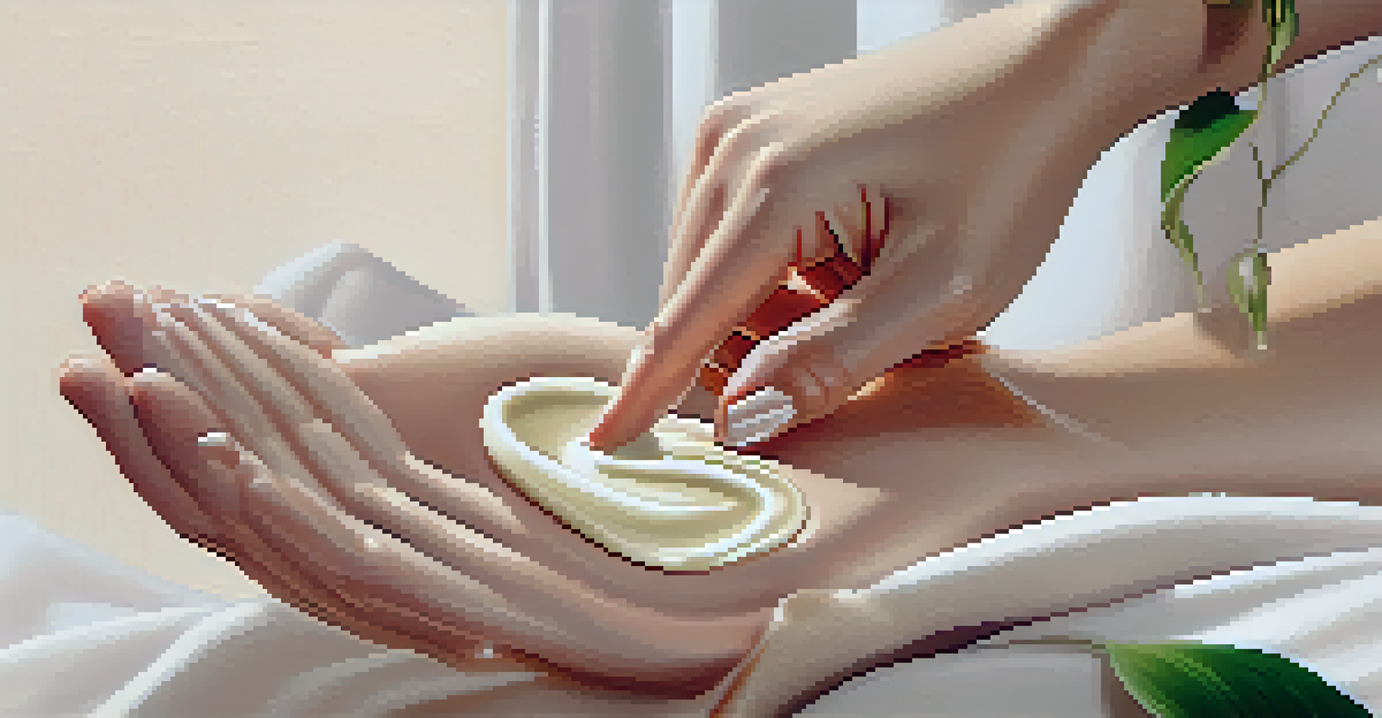 A close-up view of a woman's hand applying cream to her skin, with a softly blurred background and warm lighting.